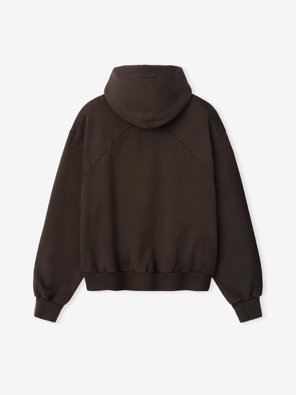 back view of dark brown heavyweight cotton fleece hoodie with half raglan sleeves and ribbed cuffs and hem