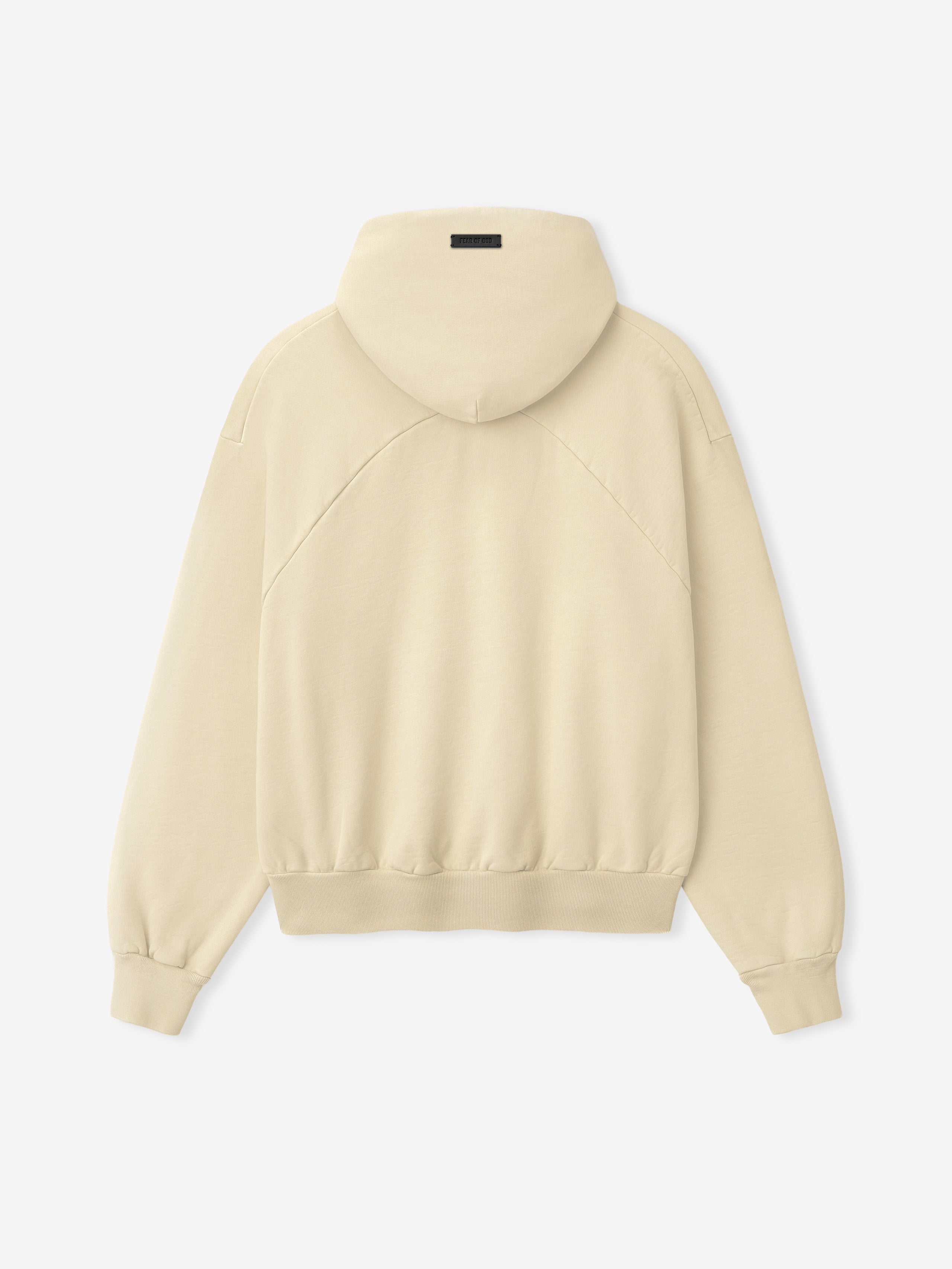 back view of off-white heavyweight cotton fleece hoodie with half raglan sleeves and ribbed hem and cuffs