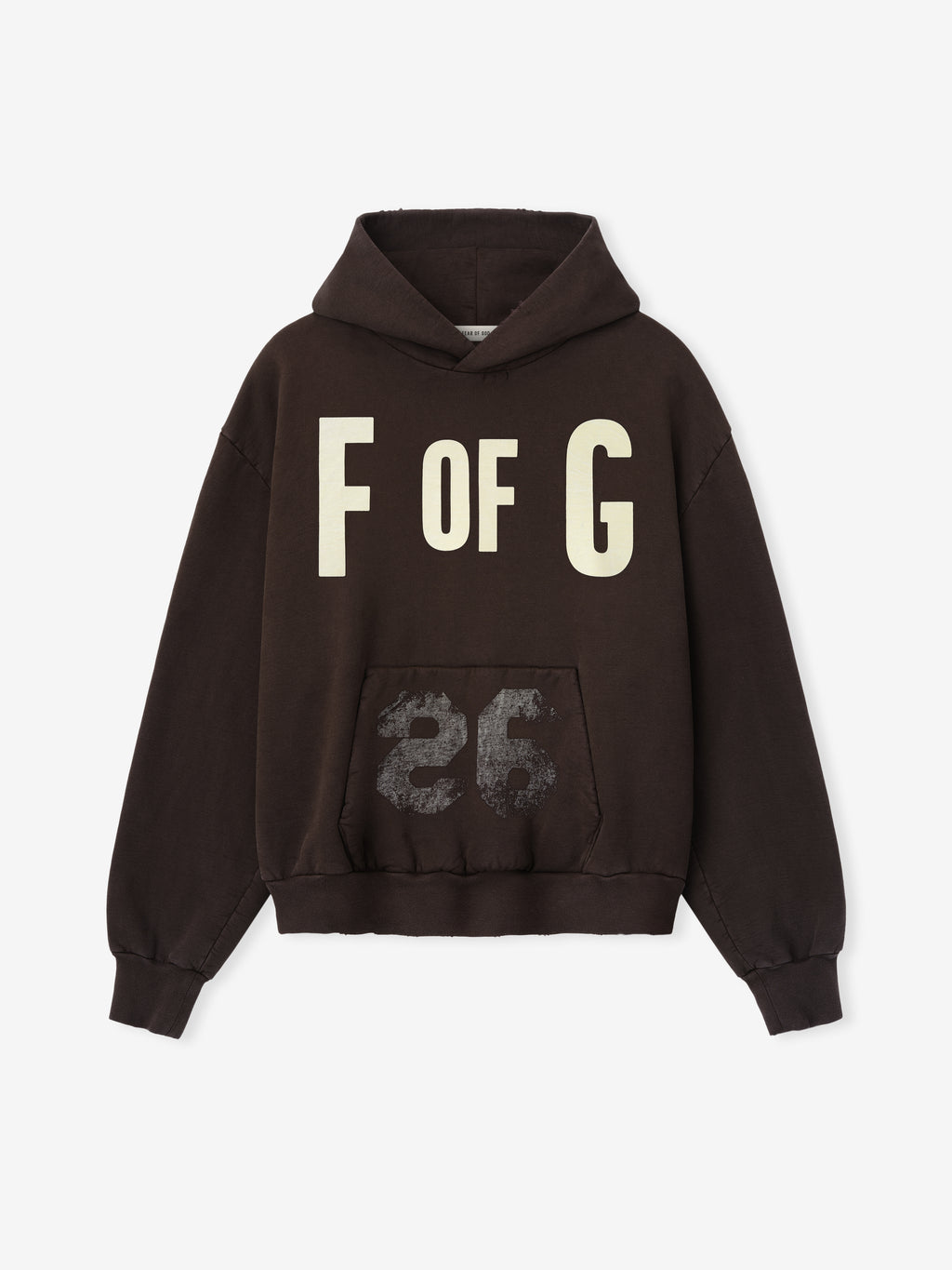 dark brown heavyweight cotton fleece hoodie with "F OF G" lettering and faded "26" graphic on front pocket