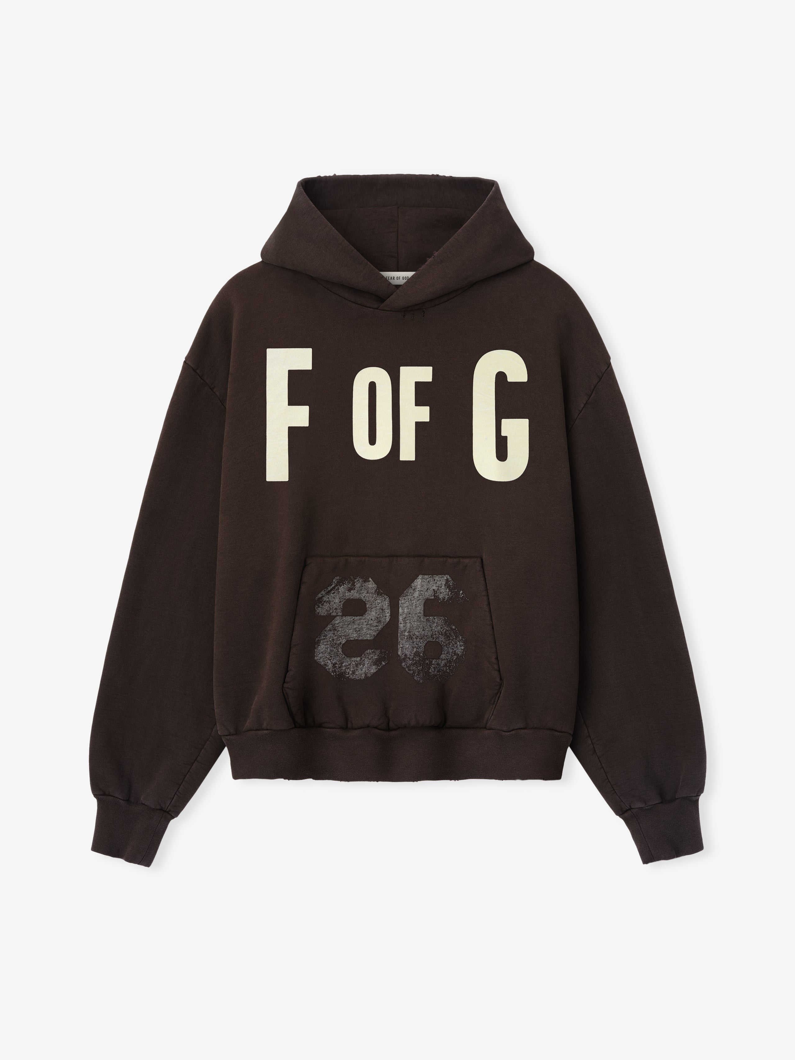 dark brown heavyweight cotton fleece hoodie with "F OF G" lettering and faded "26" graphic on front pocket