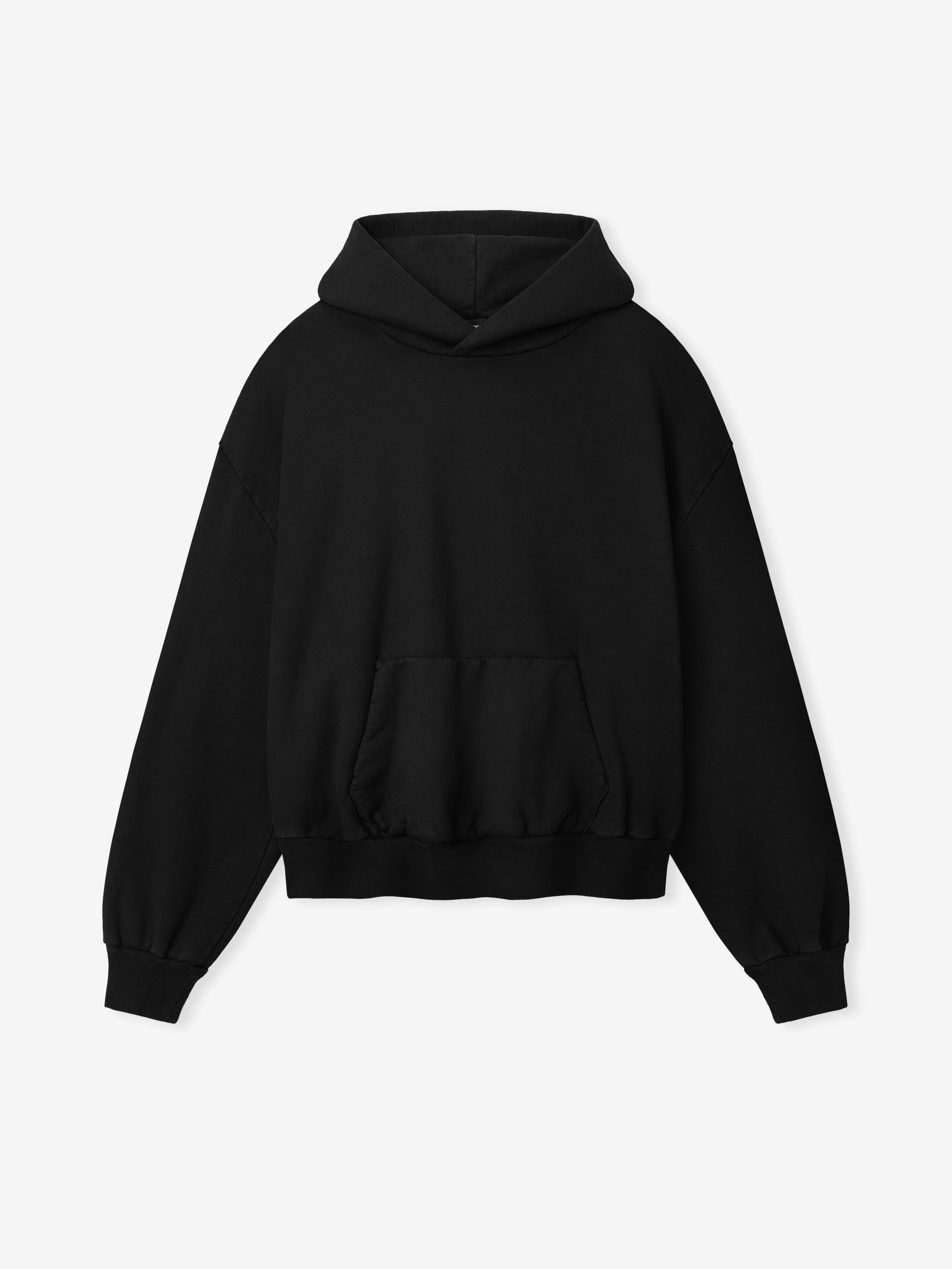 black heavyweight cotton fleece hoodie with classic fit, half raglan sleeves, hood, and front kangaroo pocket
