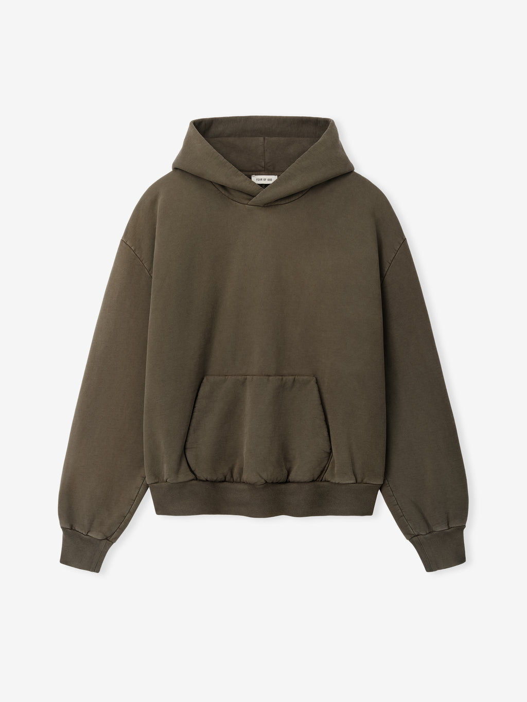Faded brown pullover hoodie with half raglan sleeves and a front kangaroo pocket on white background