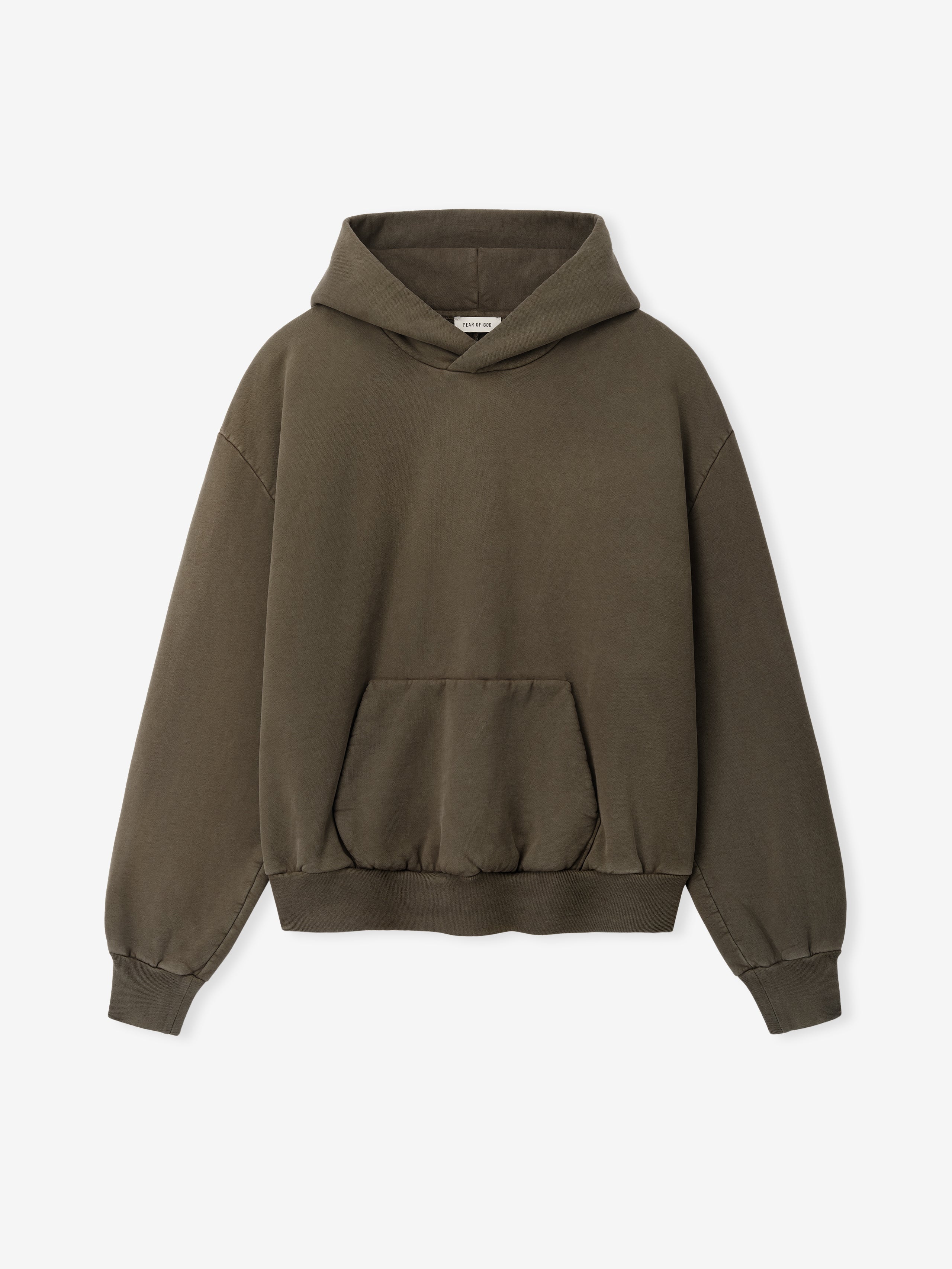 Faded brown pullover hoodie with half raglan sleeves and a front kangaroo pocket on white background