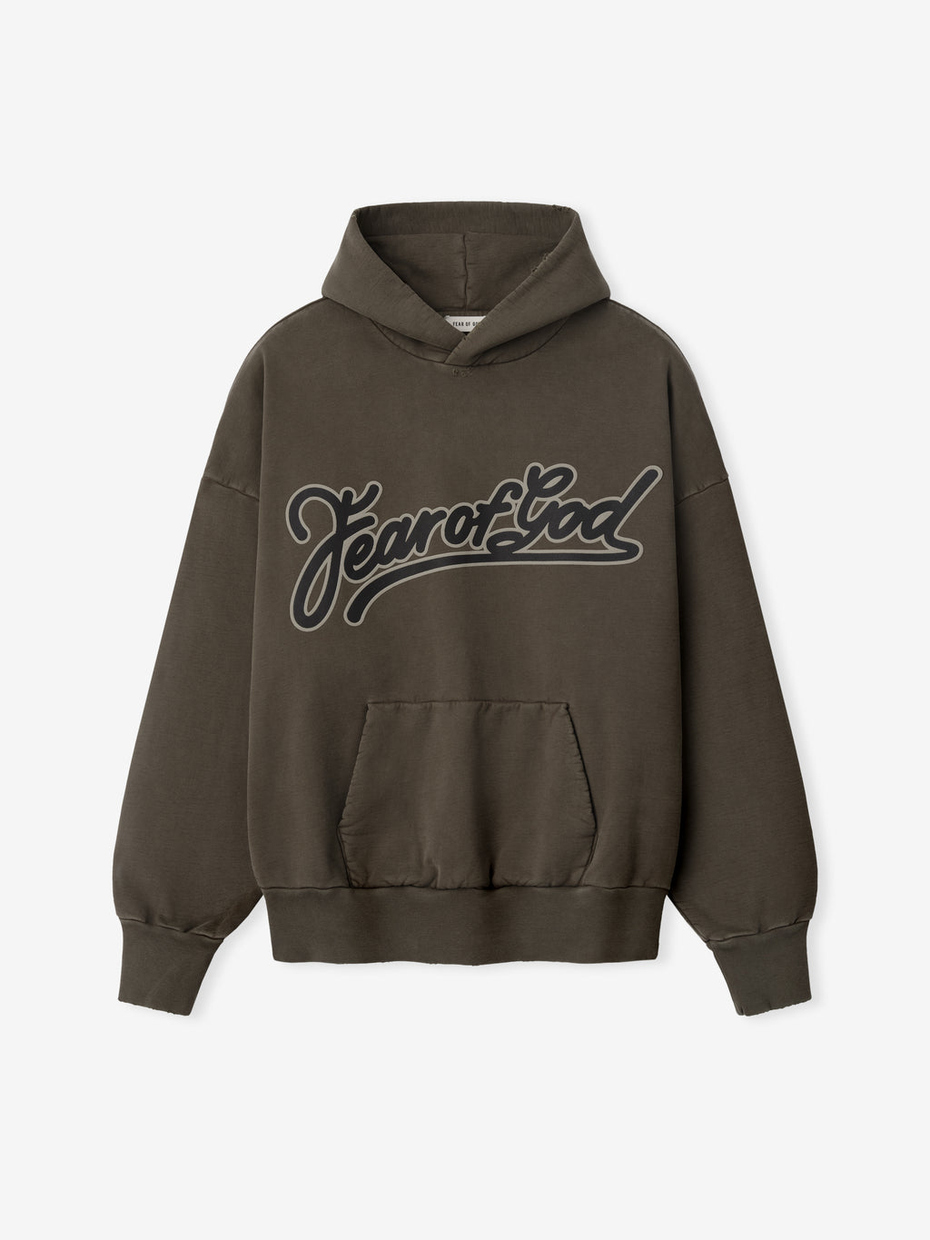 Brown washed cotton hoodie with large black outlined cursive "Fear of God" text and front kangaroo pocket