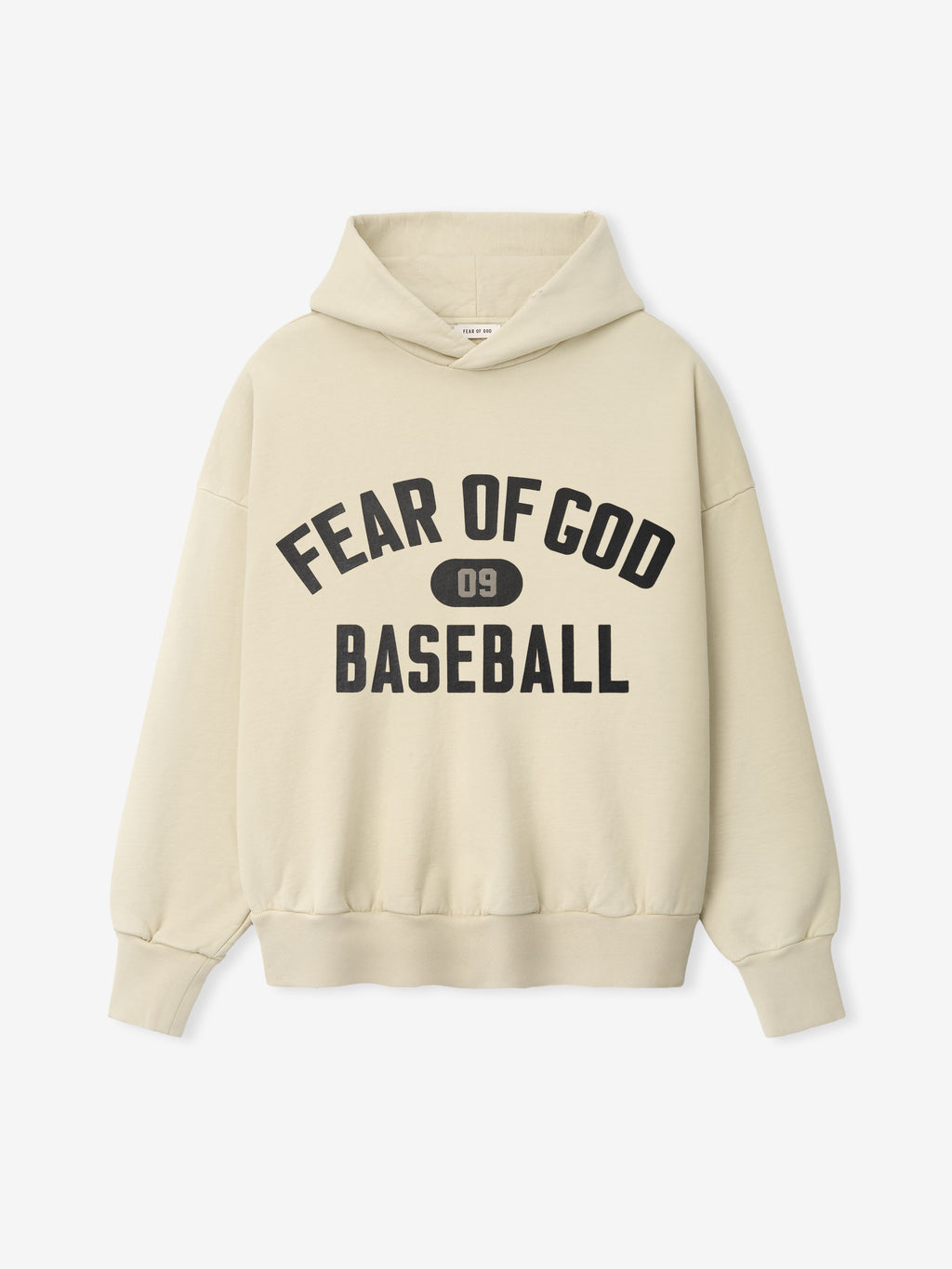 Front view of a dirty ivory hoodie with large black text "Fear of God Baseball" and "09" emblem on the chest