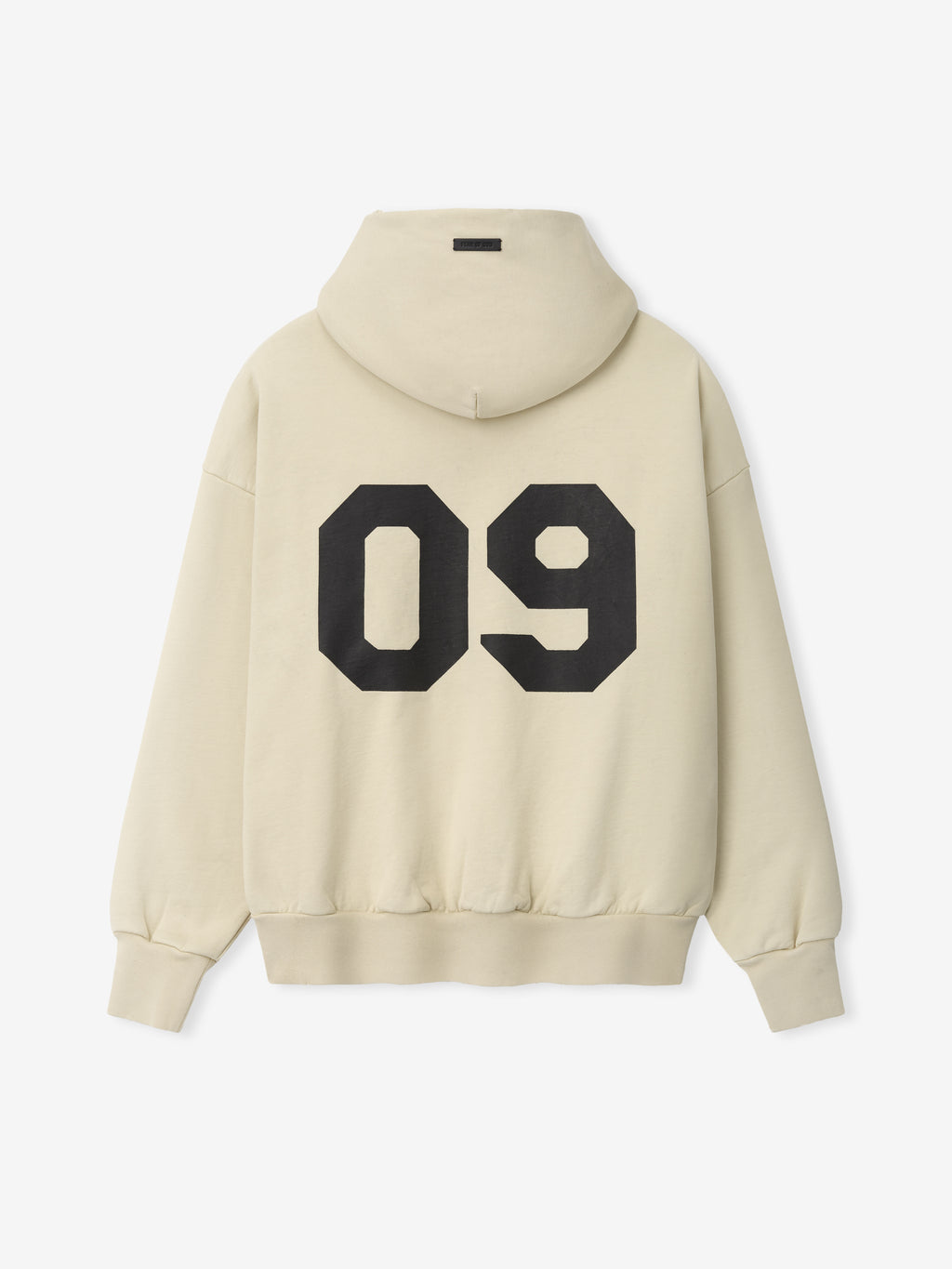 Back view of a dirty ivory hoodie with loose fit and large bold black number "09" printed across the upper back