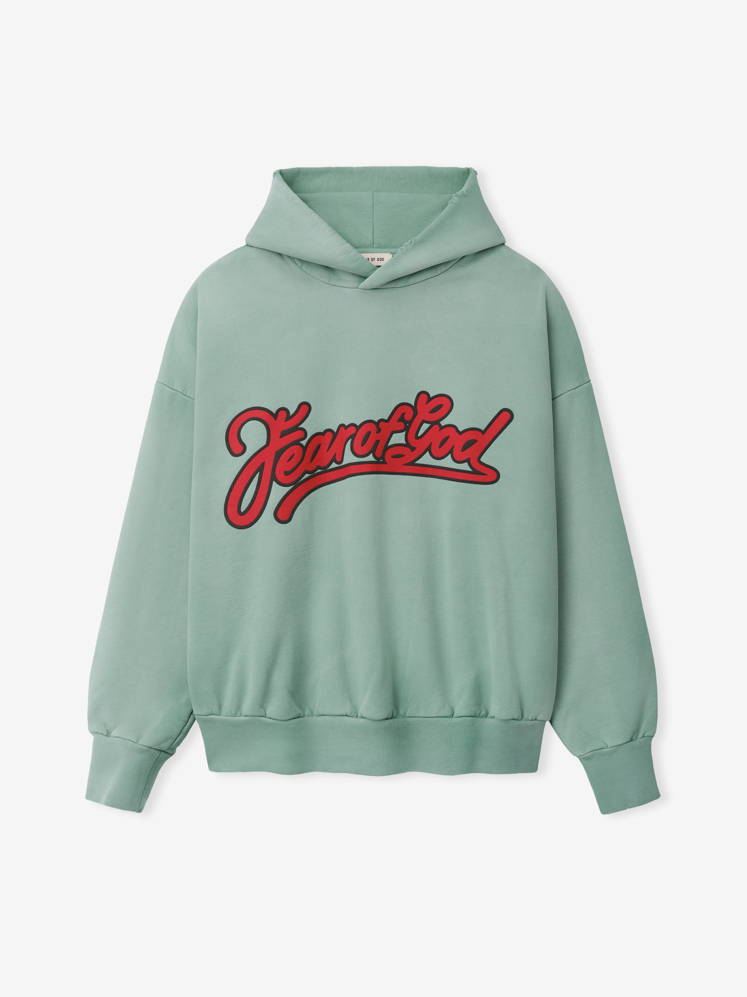 Green pullover hoodie with red cursive "Fear of God" text across the chest and ribbed cuffs and hem