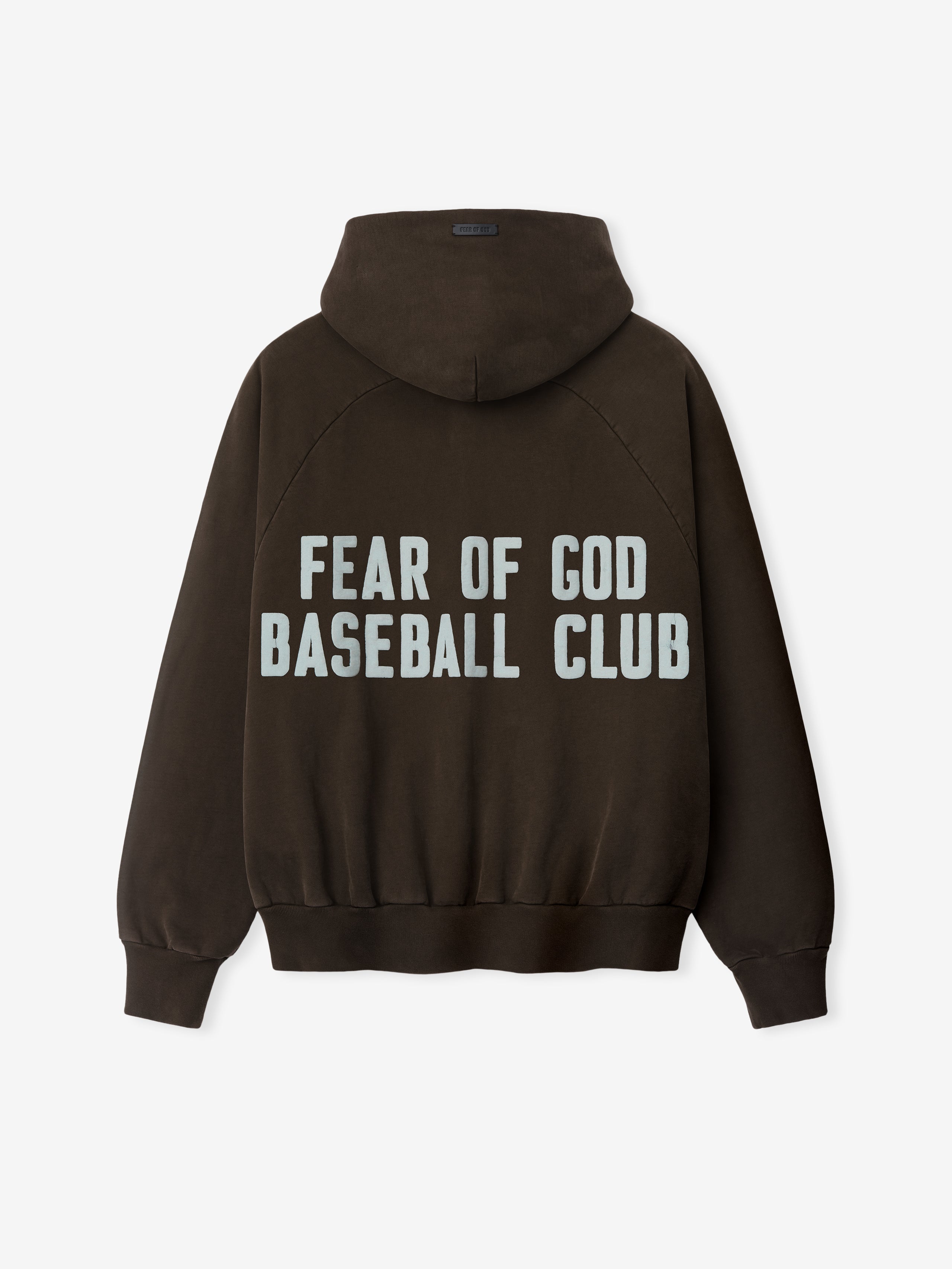 Dark brown hoodie with large light gray block text "FEAR OF GOD BASEBALL CLUB" on the back and ribbed cuffs and hem