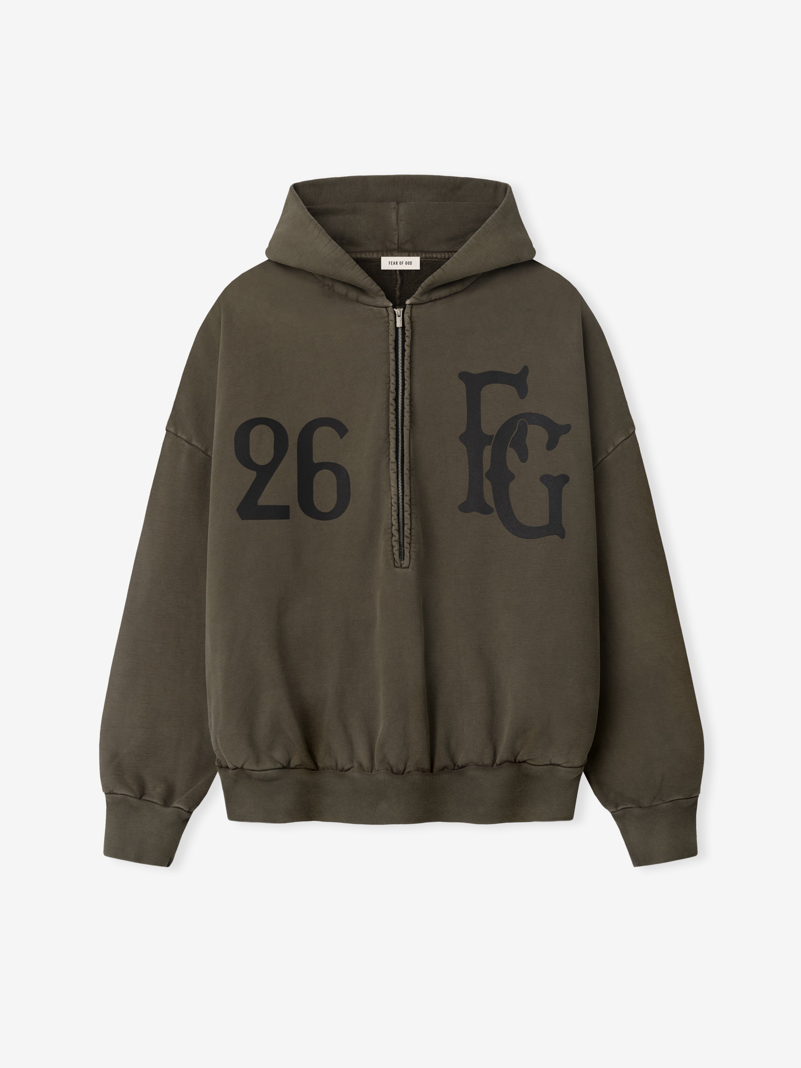 Faded brown half-zip hoodie with black stylized "26" and "FG" printed on front and ribbed cuffs and hem
