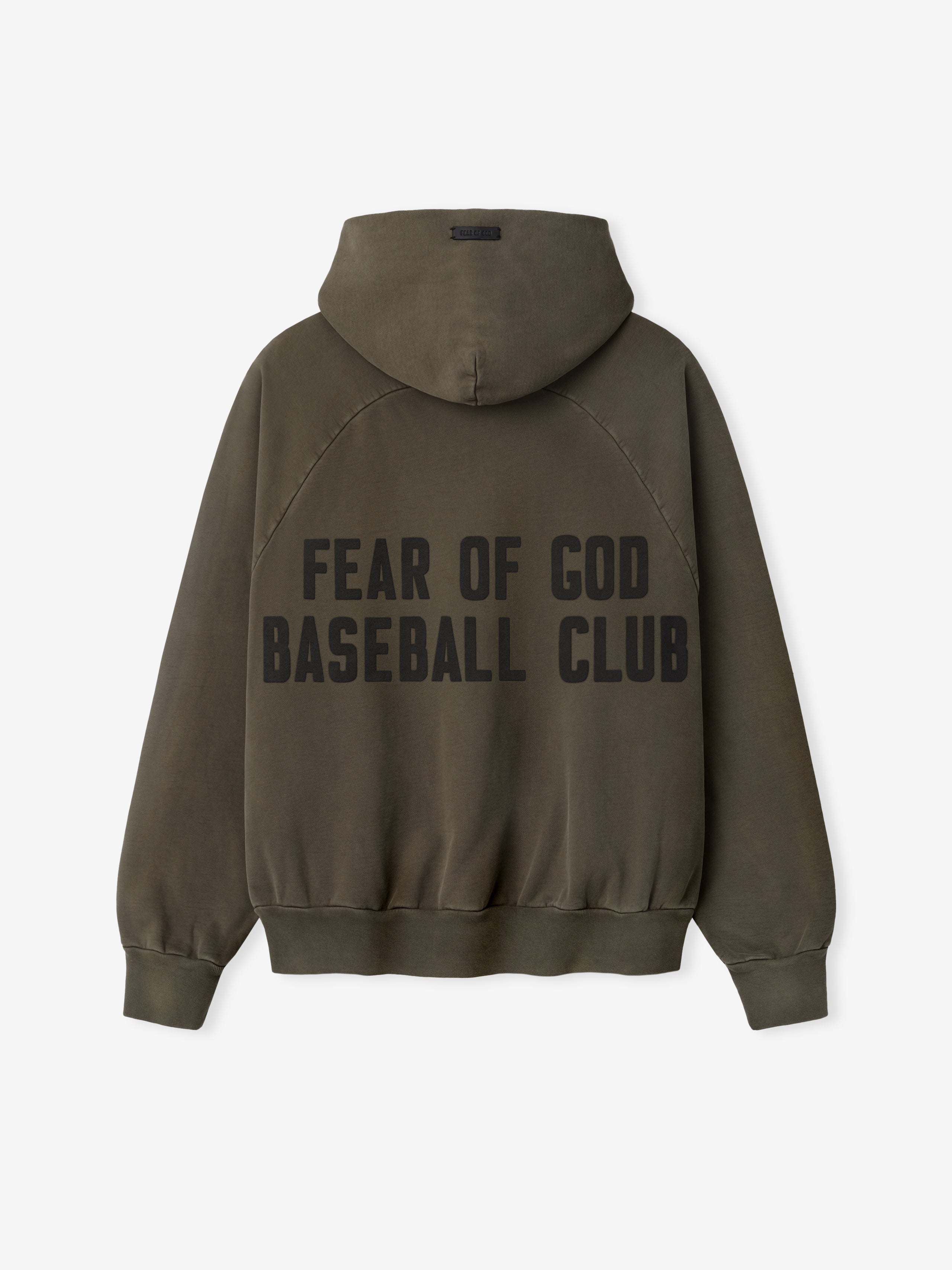 Olive green hoodie back with large black block text "FEAR OF GOD BASEBALL CLUB" and ribbed cuffs and hem