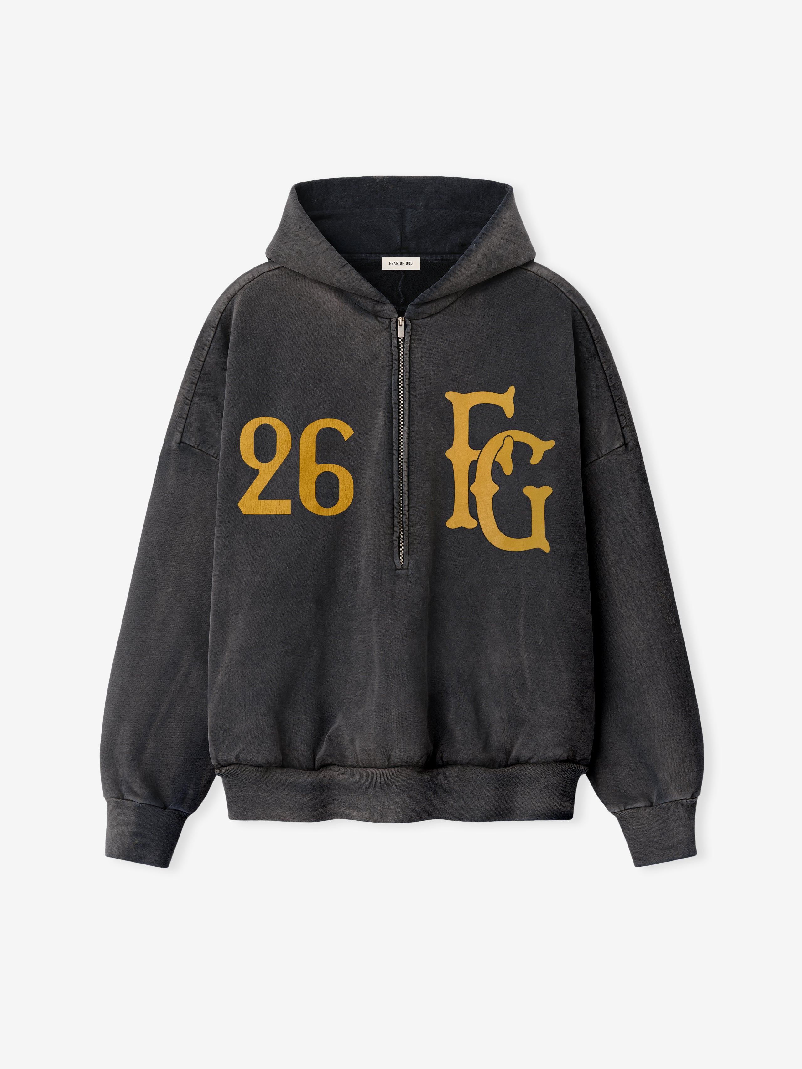 Off-black washed cotton half-zip hoodie with gold "26" and stylized "FG" text on front and ribbed cuffs and hem