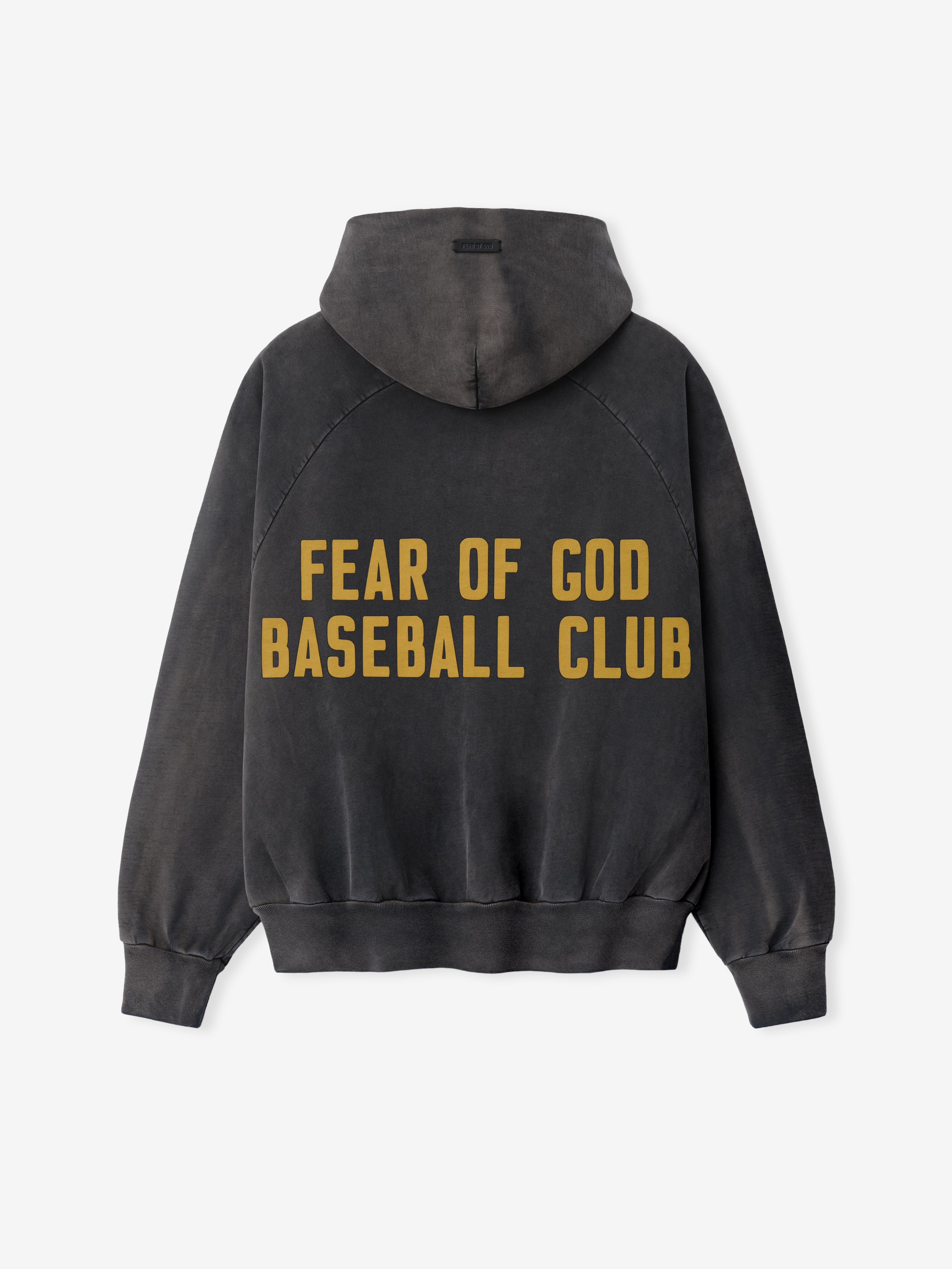 Off-black washed cotton hoodie with gold block lettering "FEAR OF GOD BASEBALL CLUB" on back and ribbed cuffs and hem