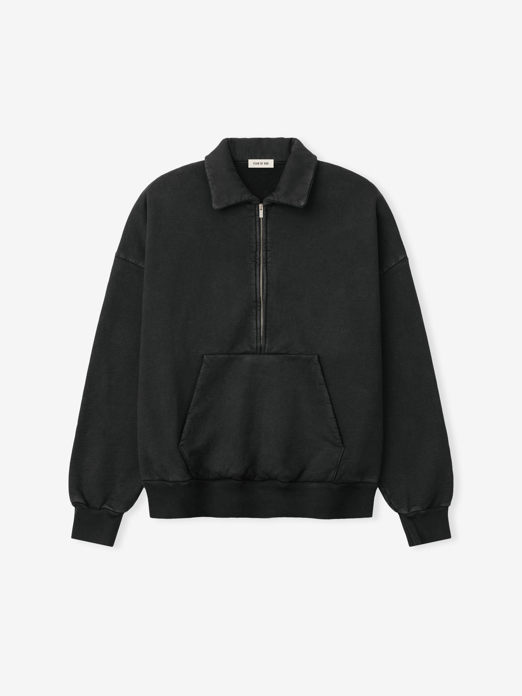black vintage faded cotton fleece half zip polo sweatshirt with kangaroo pocket and ribbed cuffs and hem