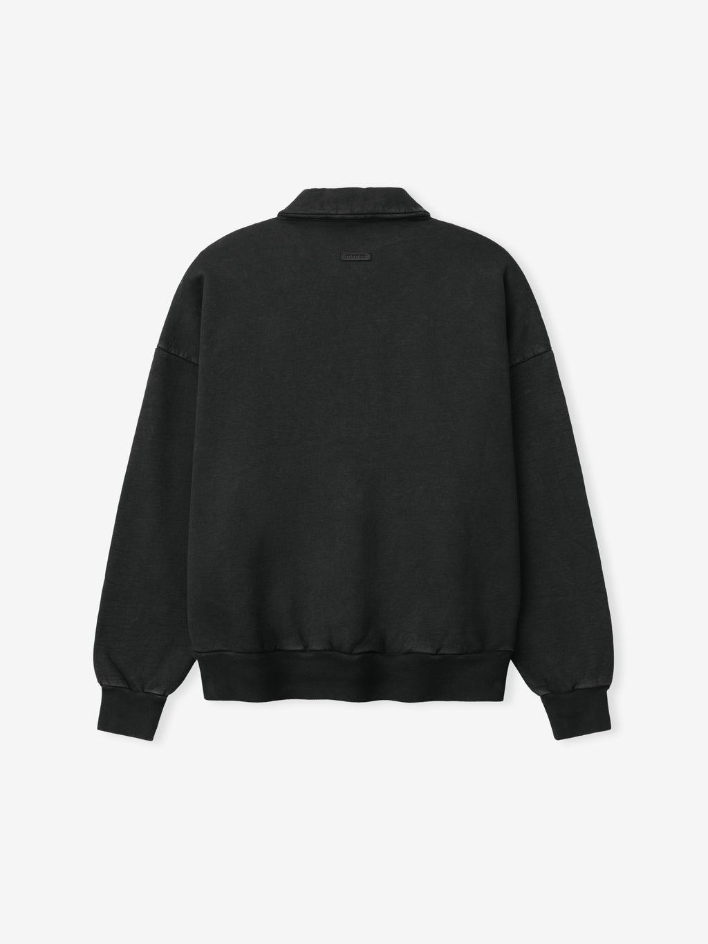 back view of black vintage faded cotton fleece half zip polo sweatshirt with ribbed cuffs and hem