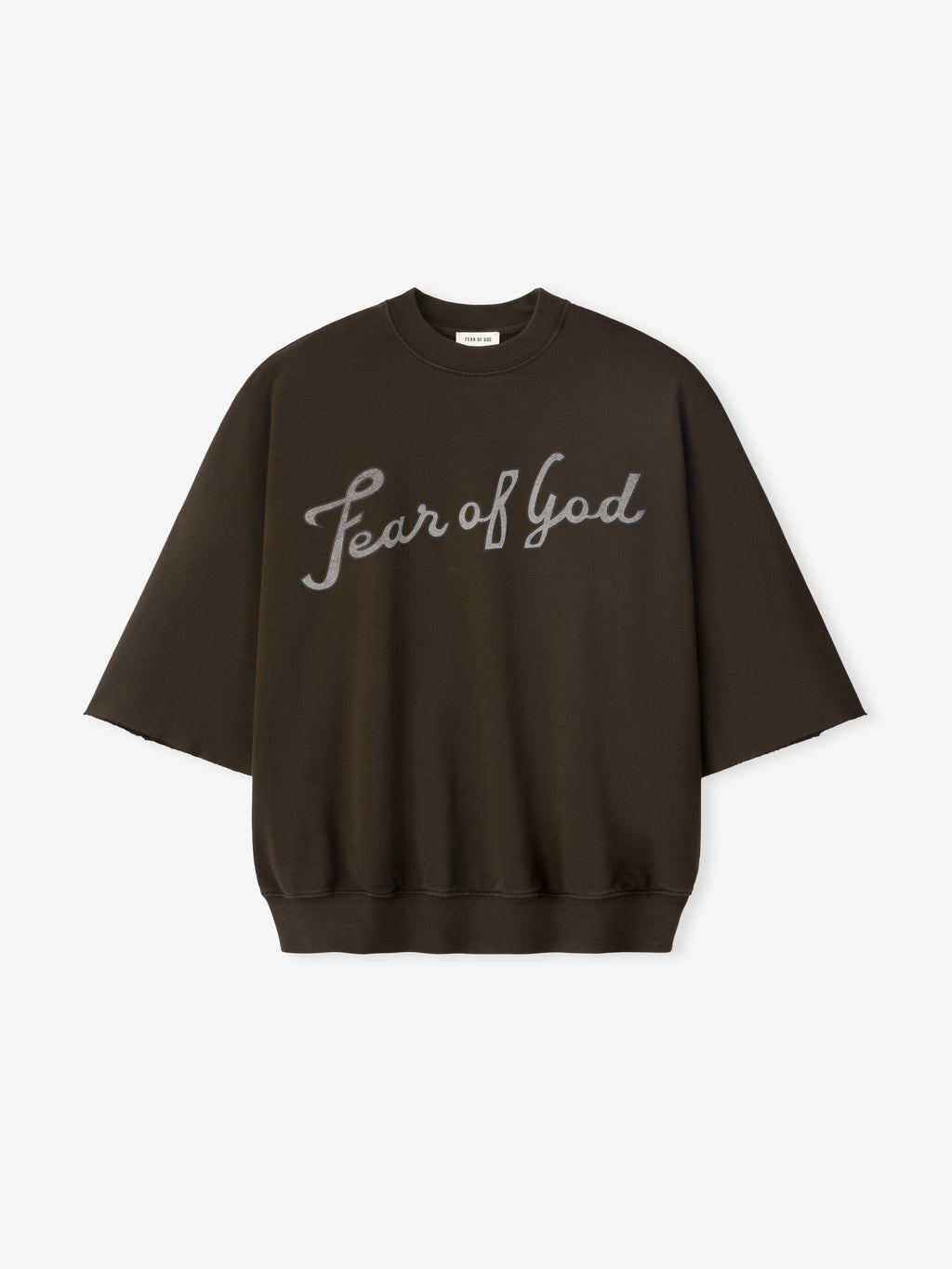 Dark brown sweatshirt with wide-cut sleeves and light gray cursive "Fear of God" text across the chest
