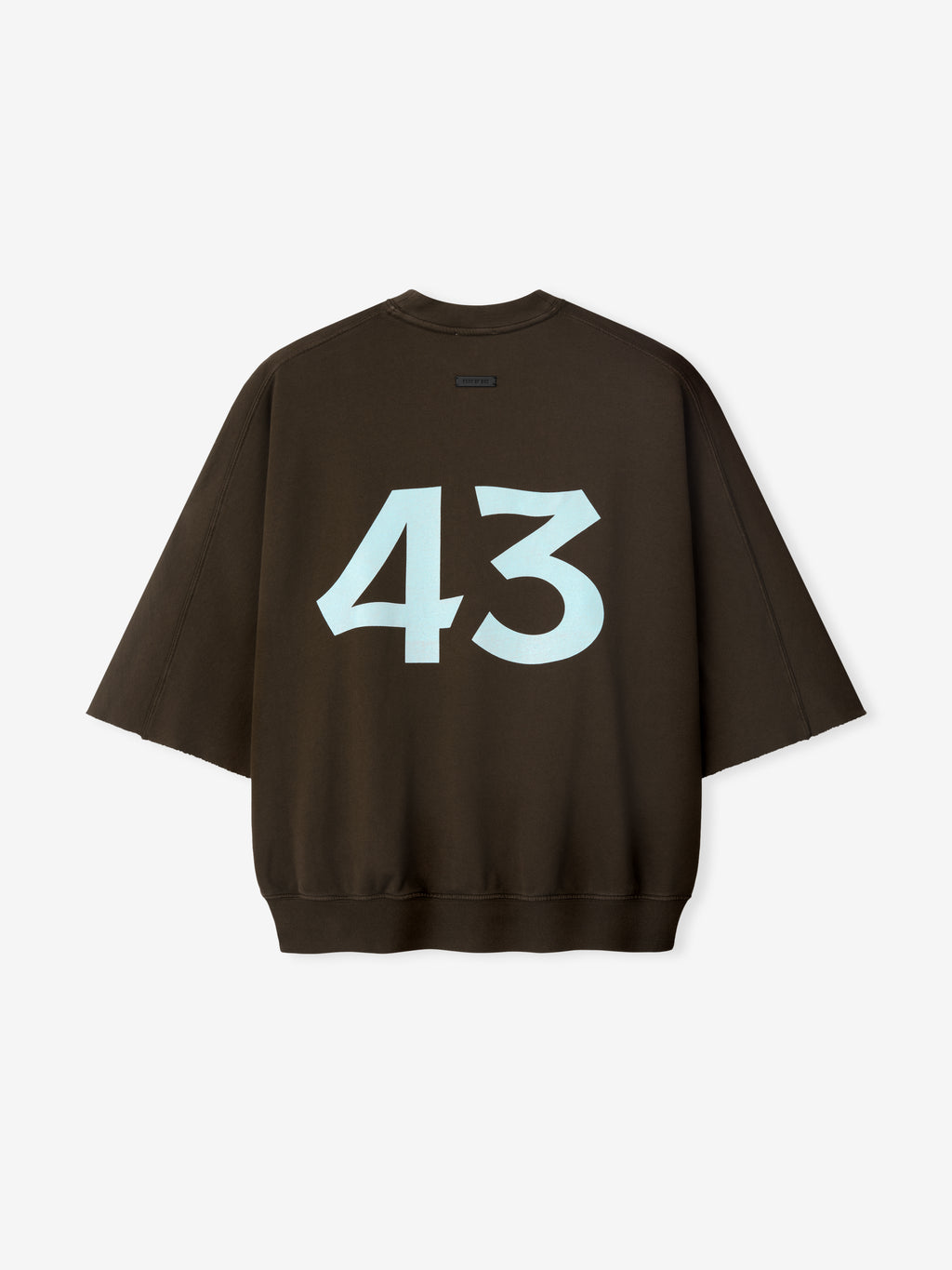 Dark brown wide-cut sleeve sweatshirt with large light blue stylized "43" printed on the back panel