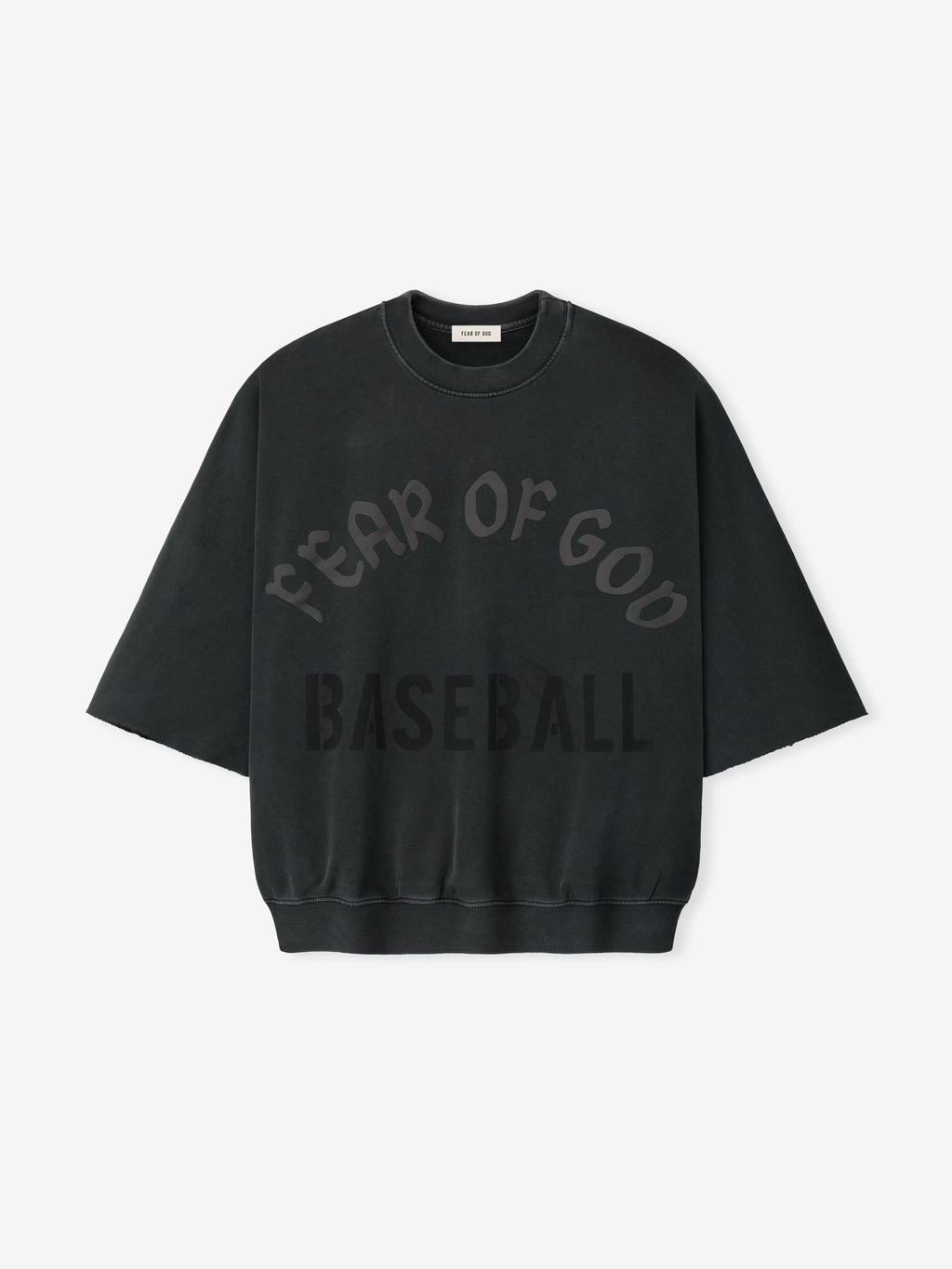 Black oversized sweatshirt with curved "Fear of God" text and "Baseball" printed below on front fabric