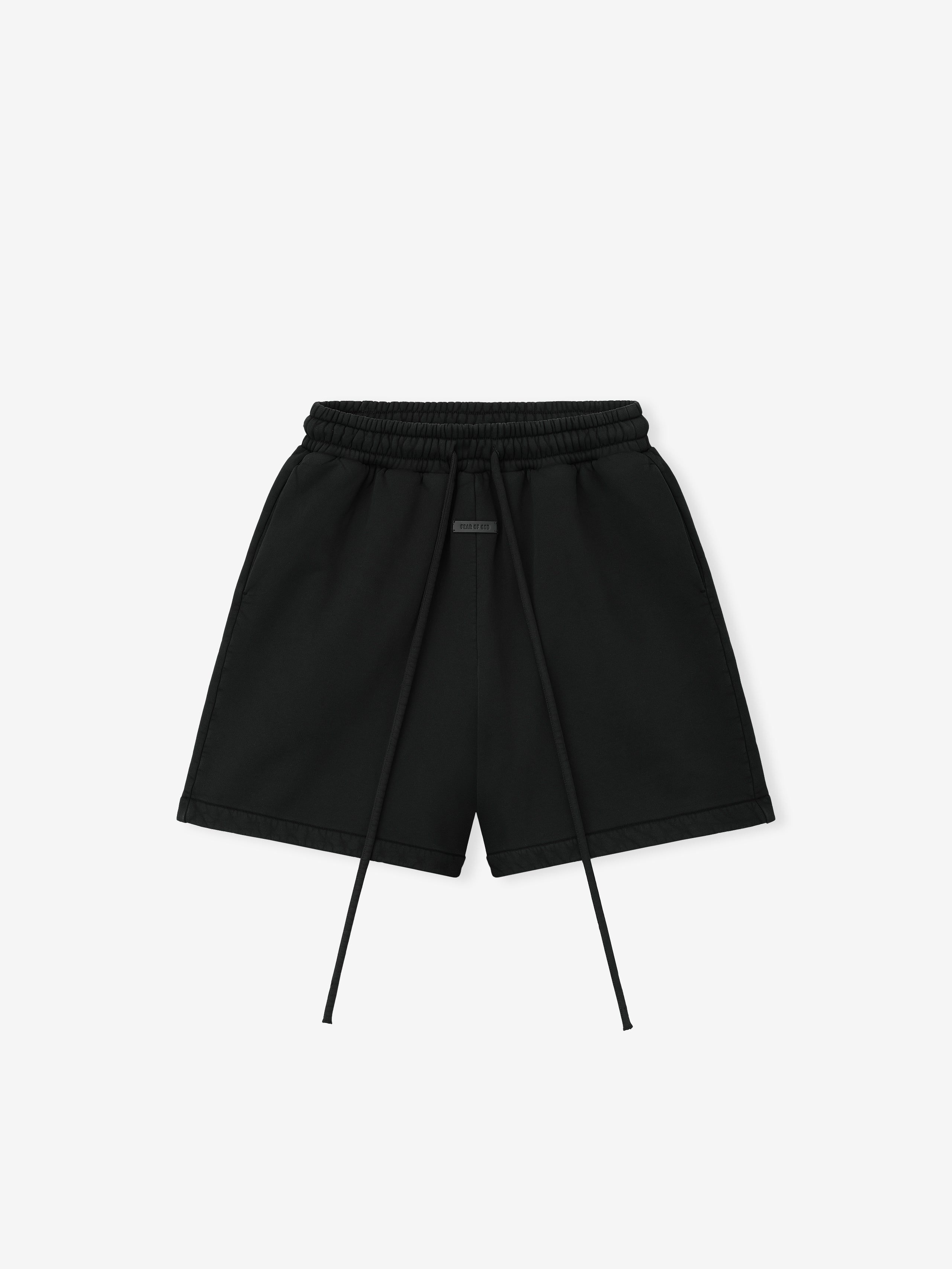 black cotton fleece sport shorts with elastic waistband, long drawstrings, and side seam pockets front view