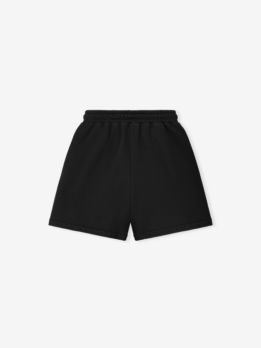 black cotton fleece sport shorts with elastic waistband and side pockets back view