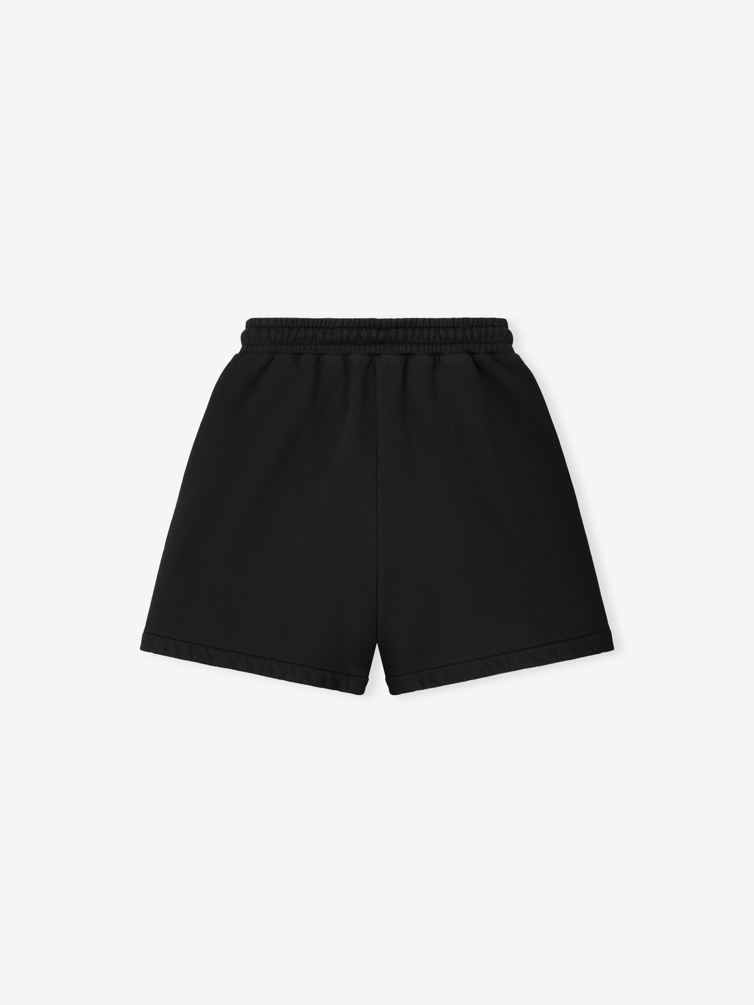black cotton fleece sport shorts with elastic waistband and side pockets back view