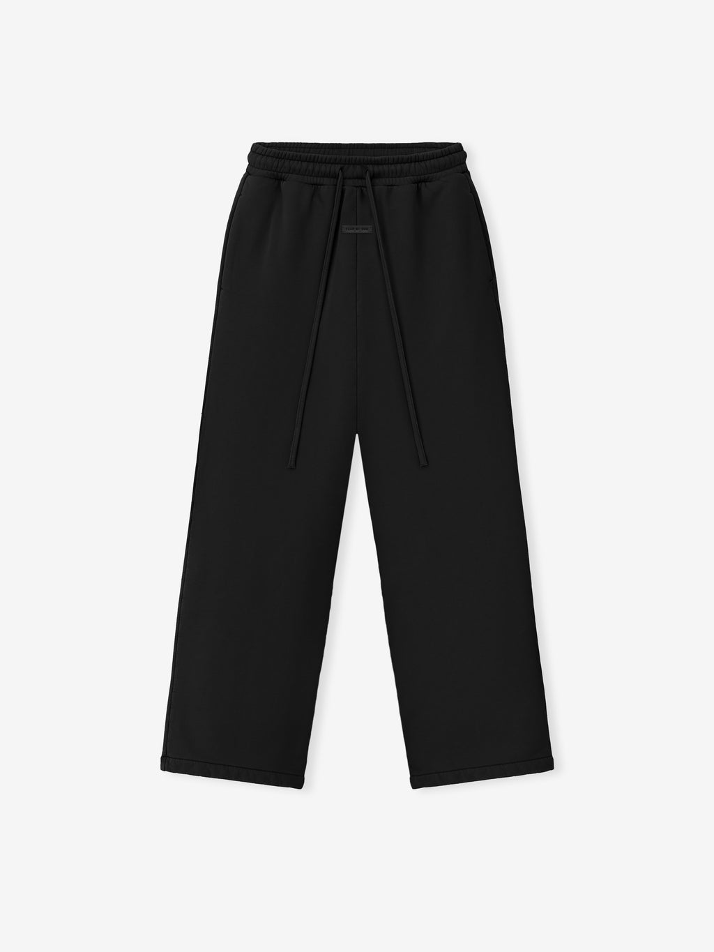 black wide leg sweatpants made from cotton fleece with elastic waistband and long drawstring front view