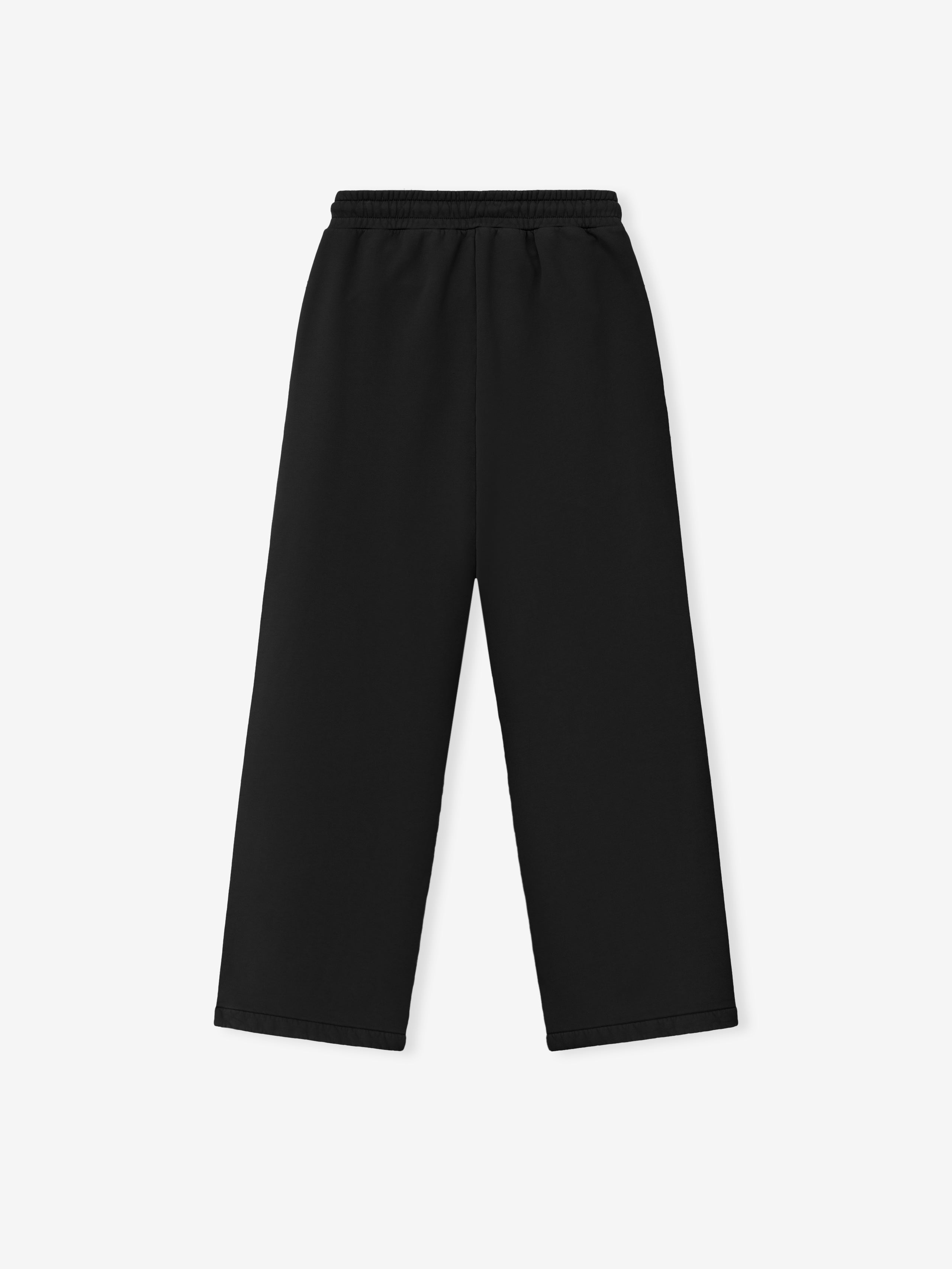 black wide leg cotton fleece sweatpants with elastic waistband and relaxed fit back view