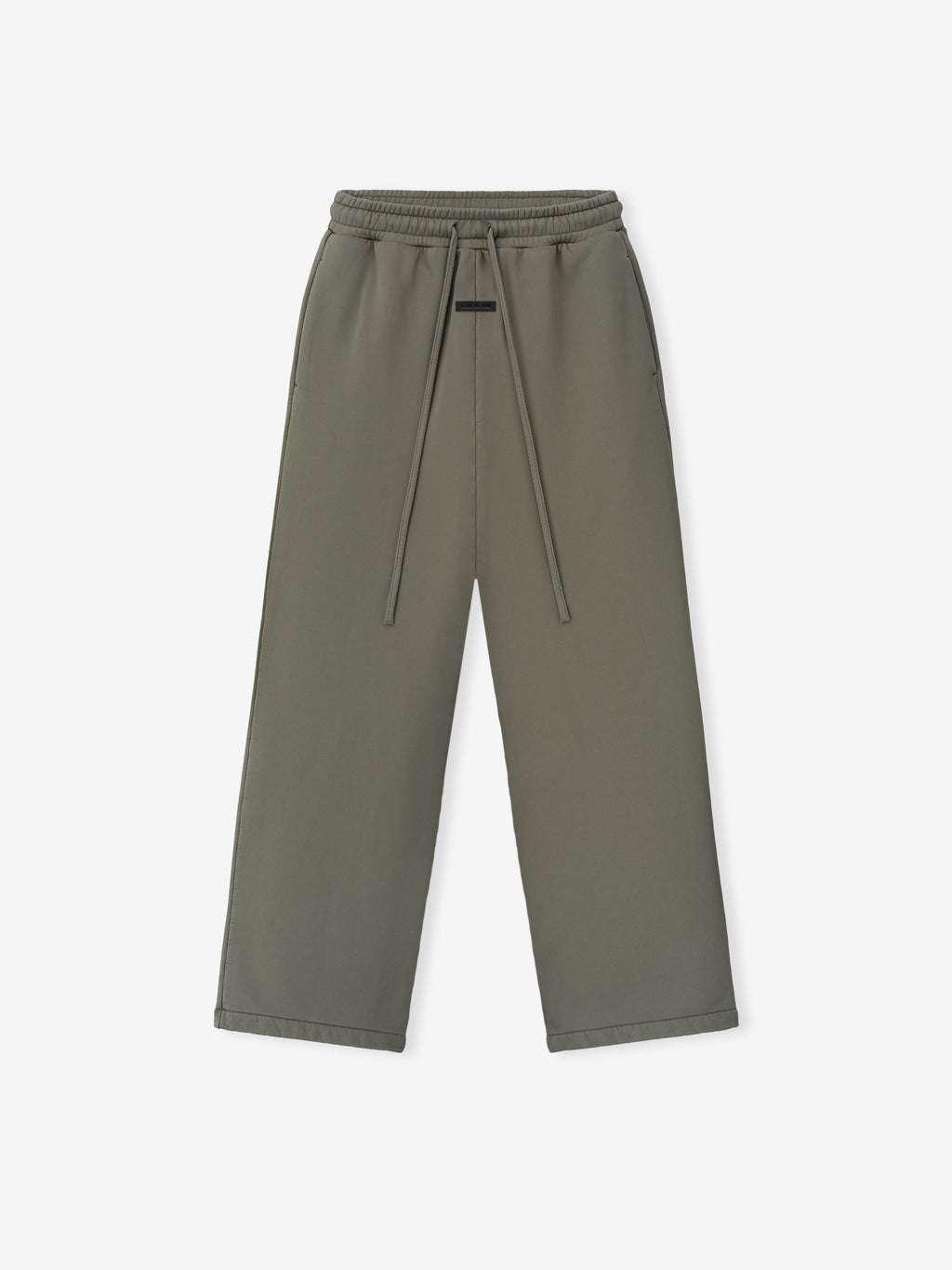 olive green wide leg sweatpants with elastic waistband, drawstrings, and side pockets front view isolated