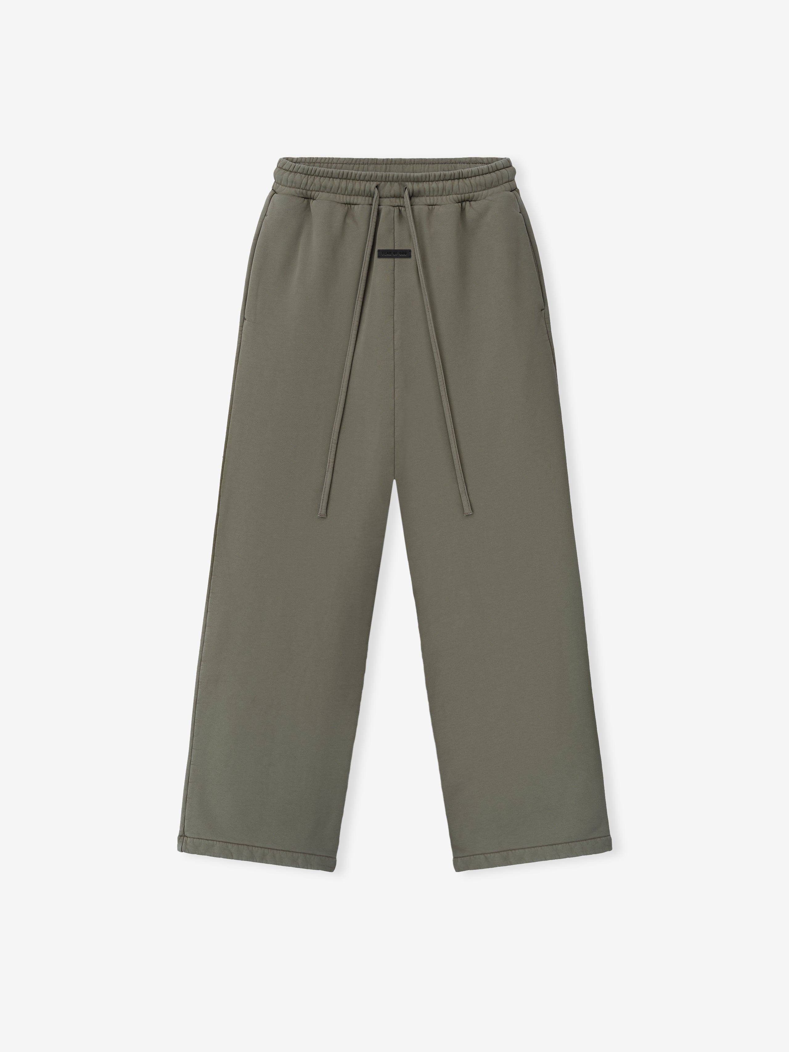 olive green wide leg sweatpants with elastic waistband, drawstrings, and side pockets front view isolated