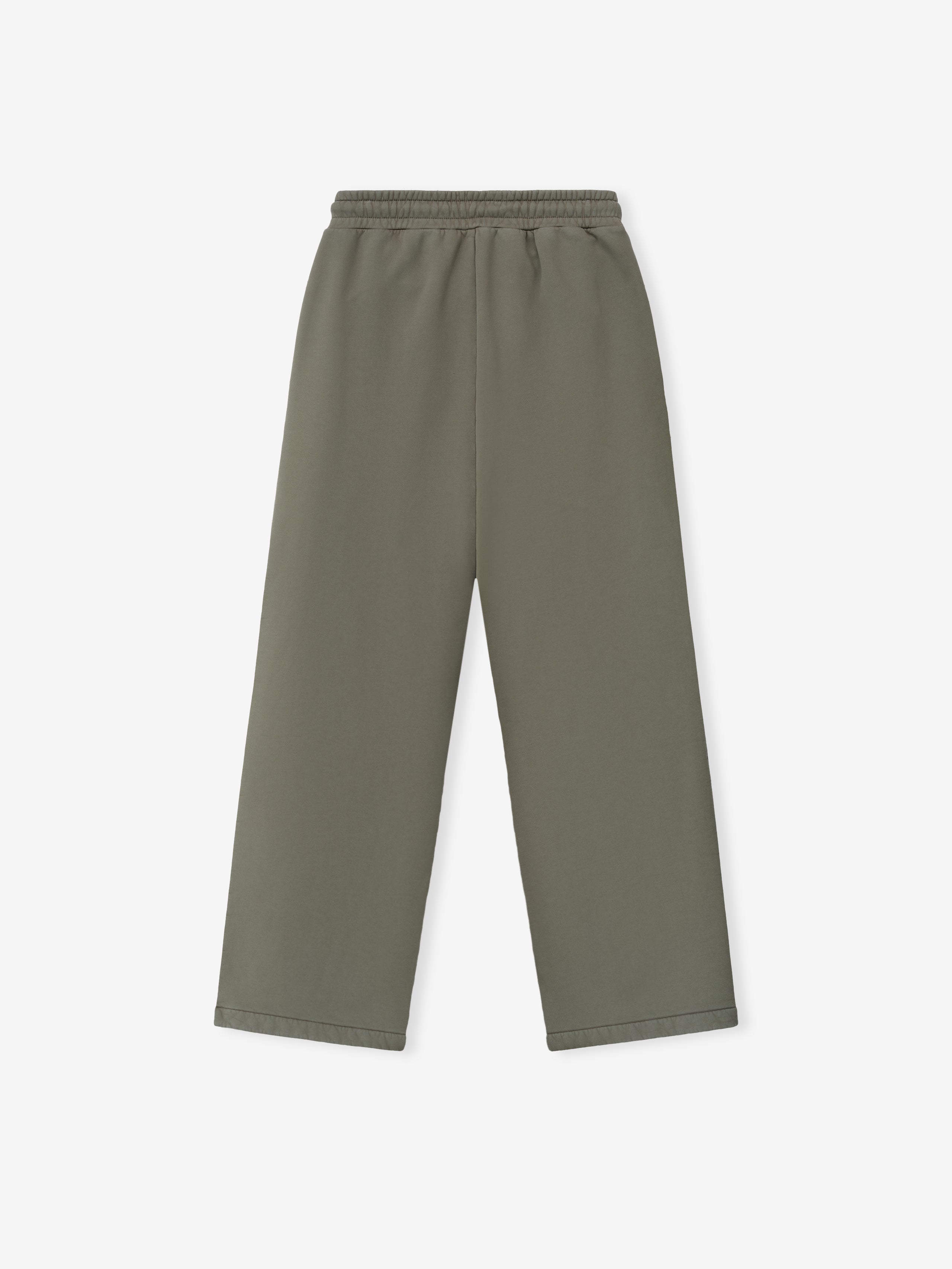 olive green wide leg sweatpants with elasticated waistband and relaxed straight fit isolated on white background