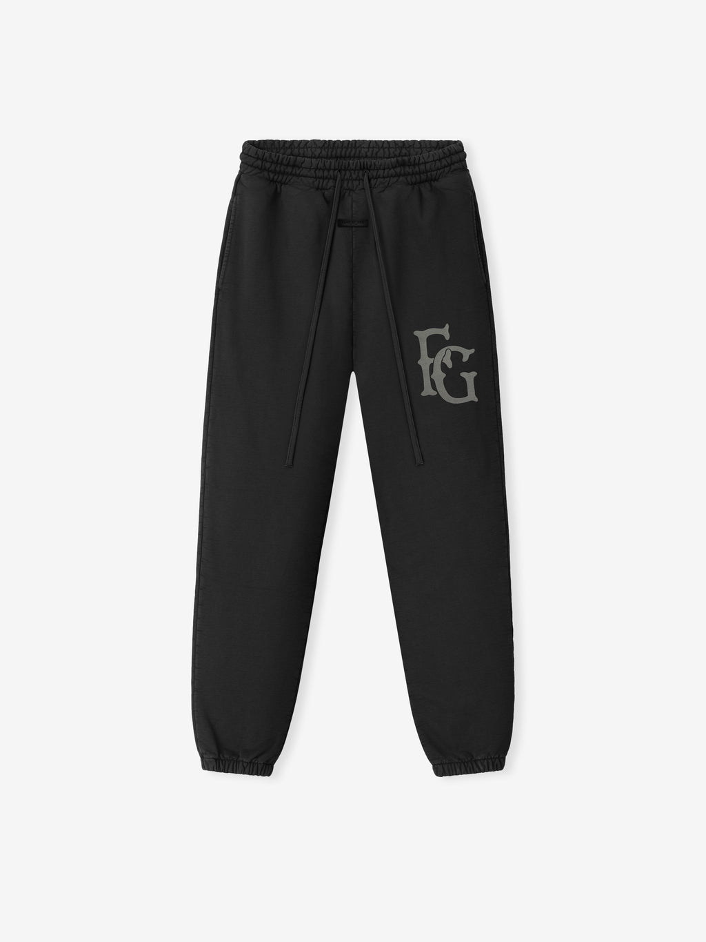black heavyweight cotton fleece sweatpants with elastic cuffs and hand-printed FG logo on left thigh