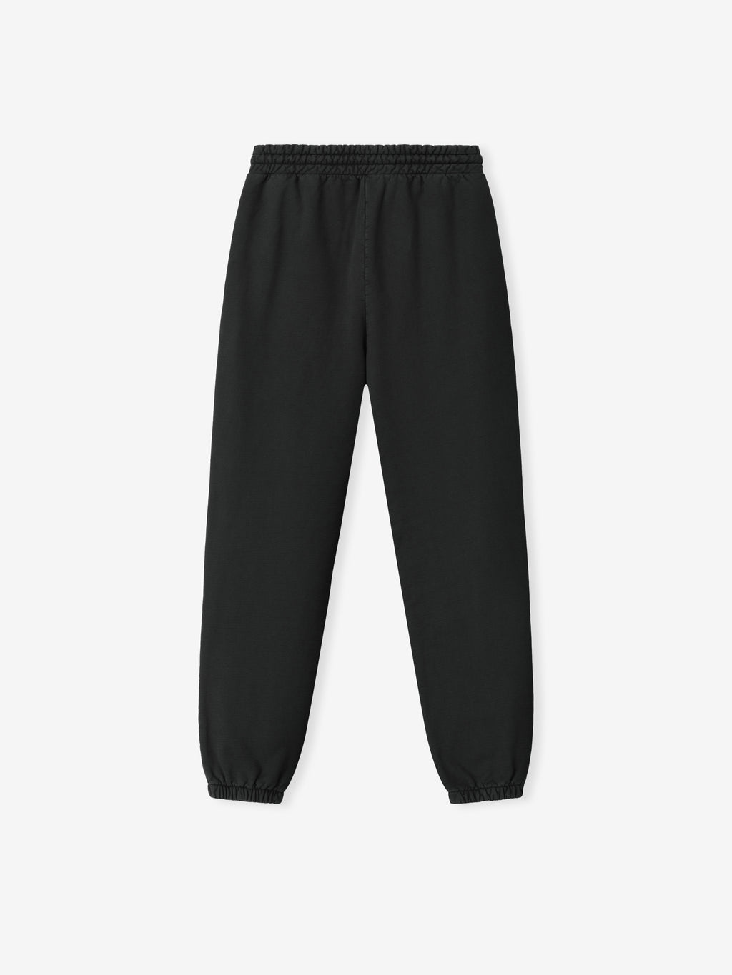 black heavyweight cotton fleece sweatpants with elastic waistband and ankle cuffs in a classic relaxed fit