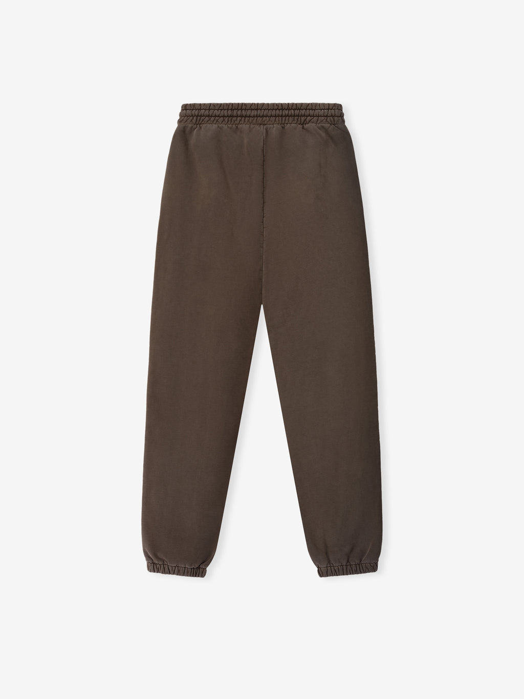 Faded brown sweatpants with elastic waistband and cuffs, featuring a smooth fabric and relaxed fit shown from the back