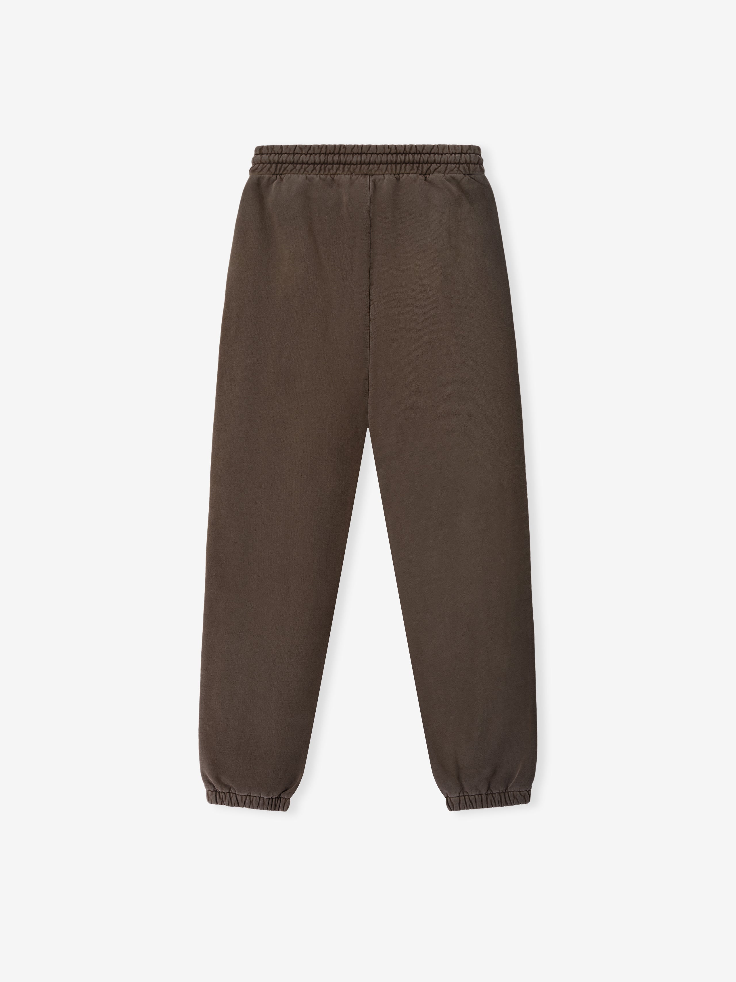 Faded brown sweatpants with elastic waistband and cuffs, featuring a smooth fabric and relaxed fit shown from the back
