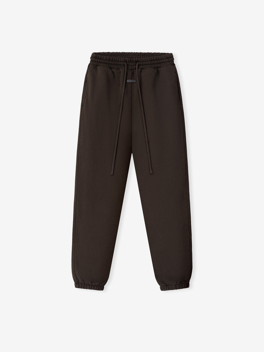 Dark brown sweatpants with elastic waistband and ankle cuffs, featuring a front drawstring and side pockets