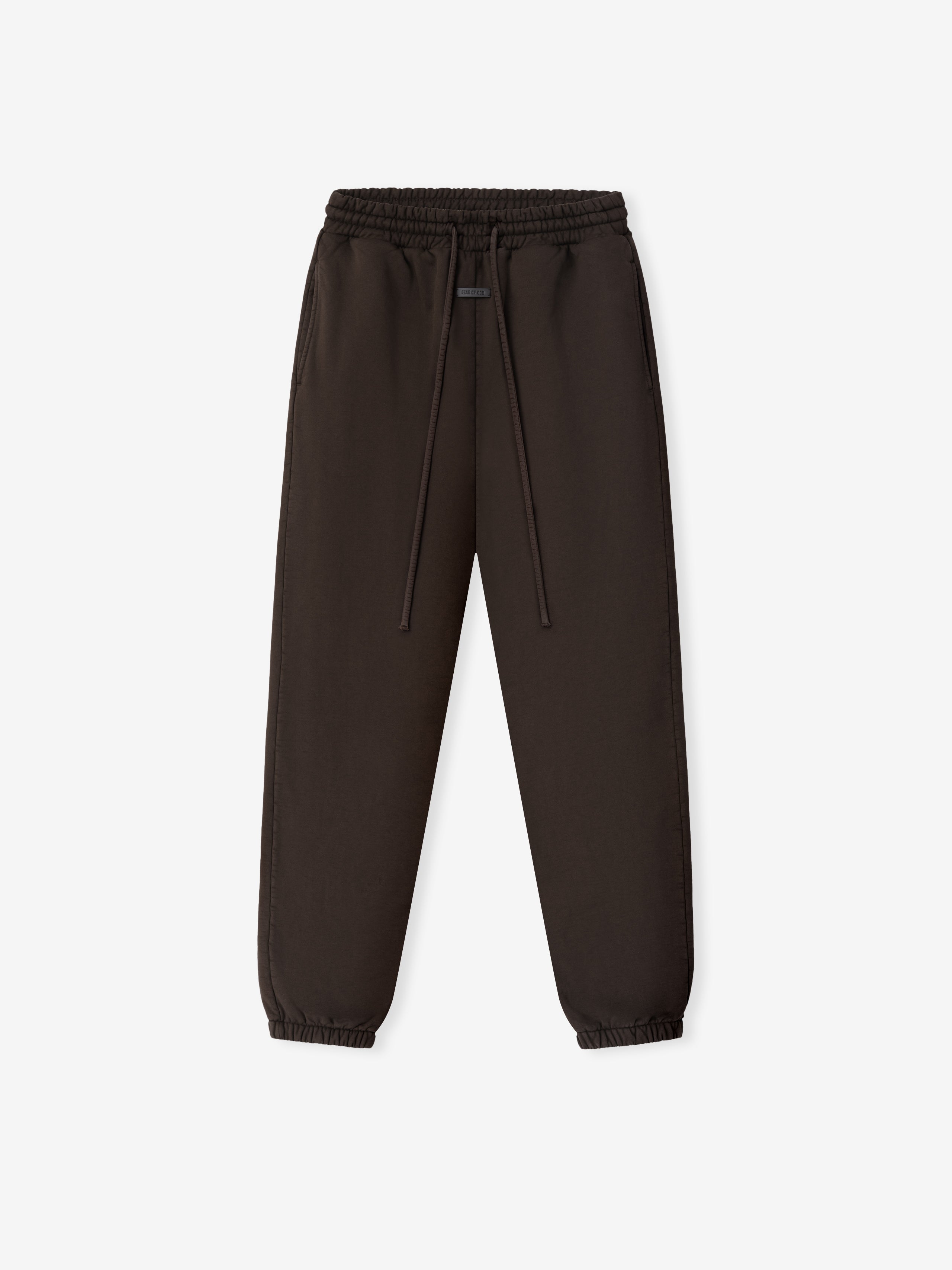 Dark brown sweatpants with elastic waistband and ankle cuffs, featuring a front drawstring and side pockets