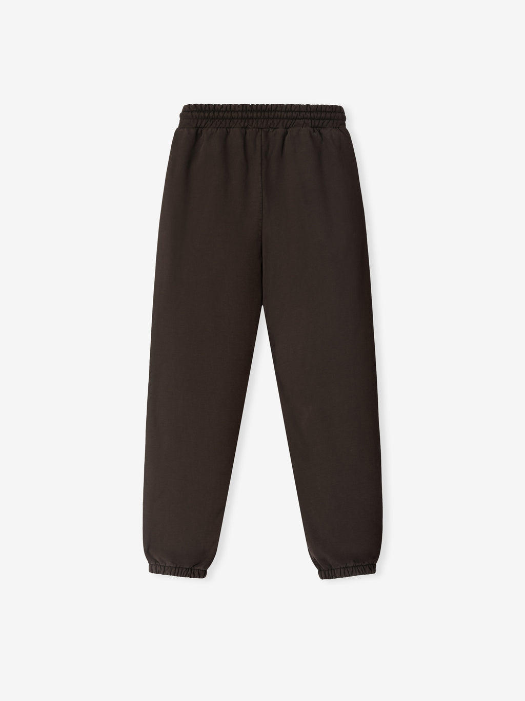 Dark brown sweatpants with elastic waistband and ankle cuffs, designed with a clean, minimalist silhouette