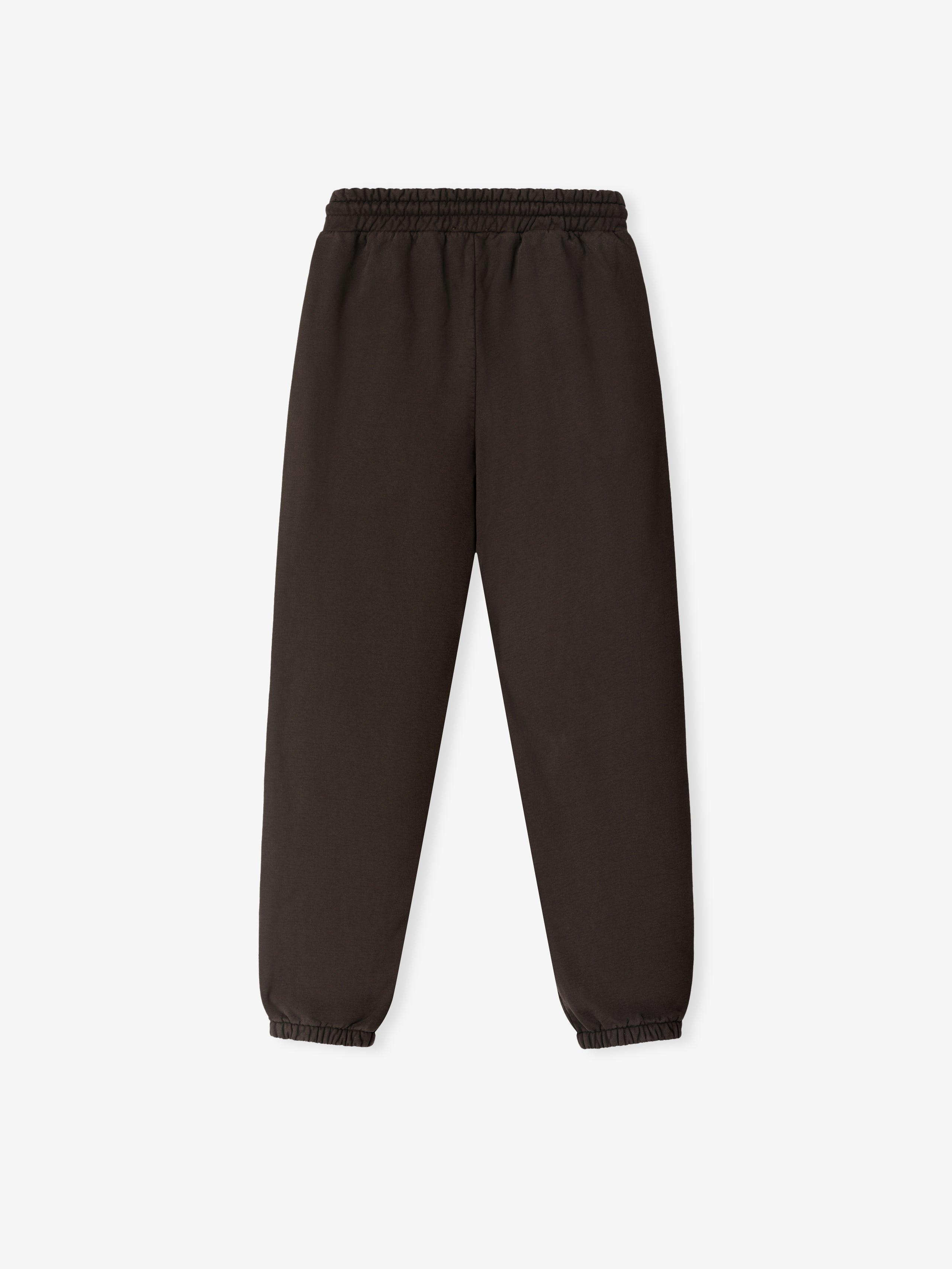 Dark brown sweatpants with elastic waistband and ankle cuffs, designed with a clean, minimalist silhouette