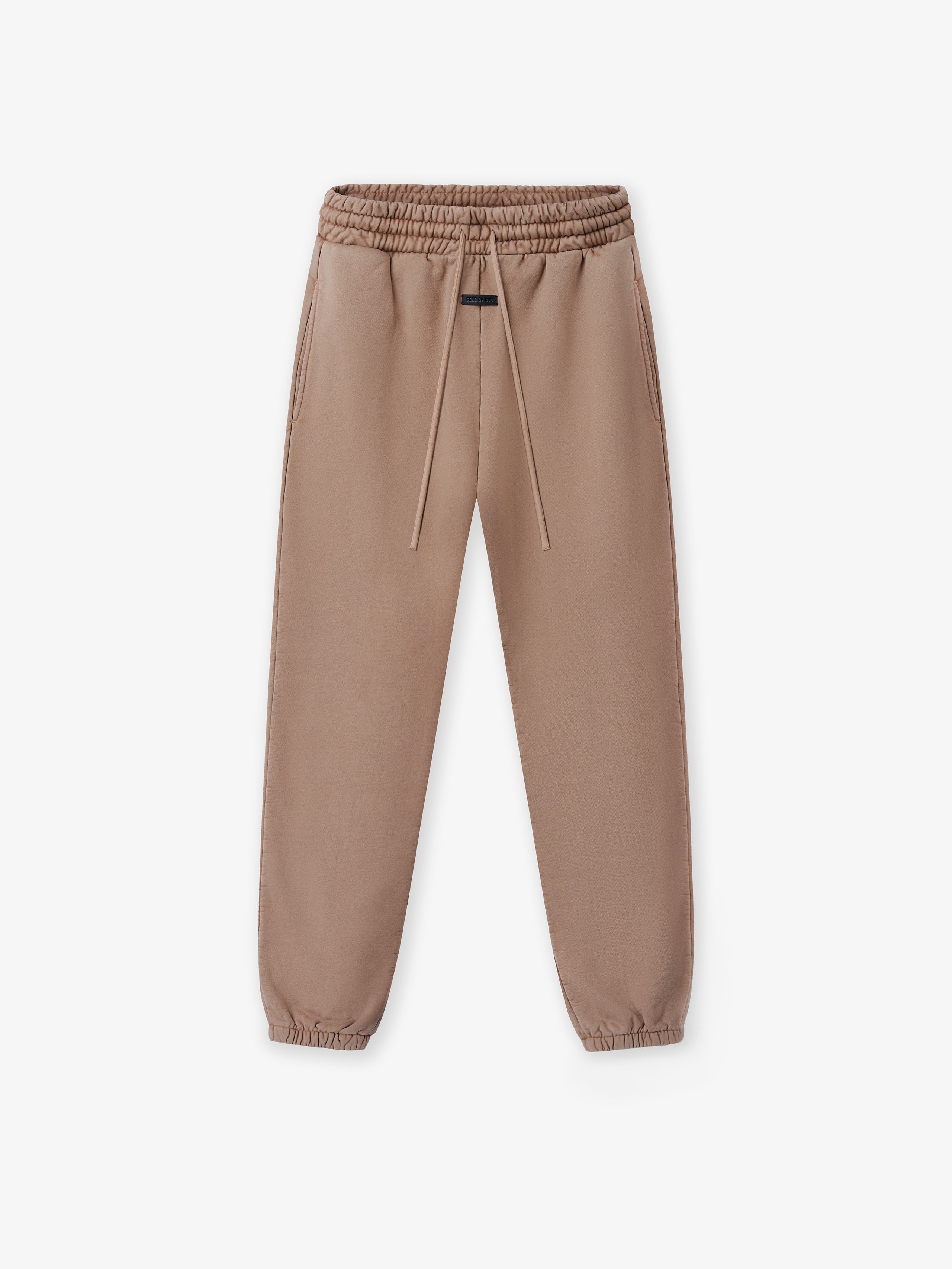 taupe heavyweight cotton fleece sweatpants with elastic cuffs, drawstring waist, and classic straight fit silhouette