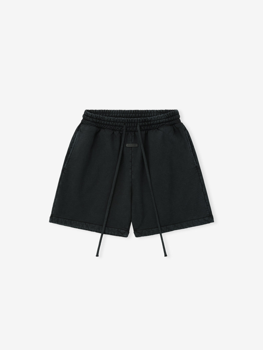 black garment dyed heavy cotton fleece sweatshorts with elastic waistband and drawstring closure