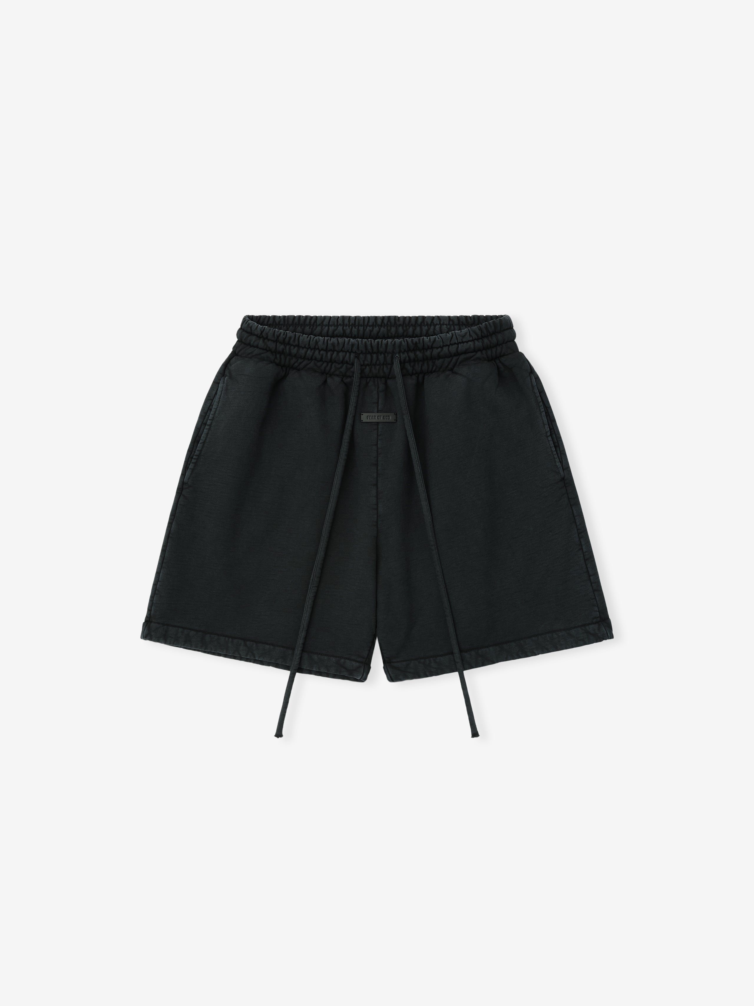 black garment dyed heavy cotton fleece sweatshorts with elastic waistband and drawstring closure