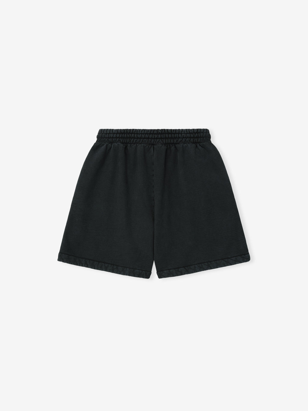 black garment-dyed heavy cotton fleece sweatshorts with elastic waistband and drawstring closure