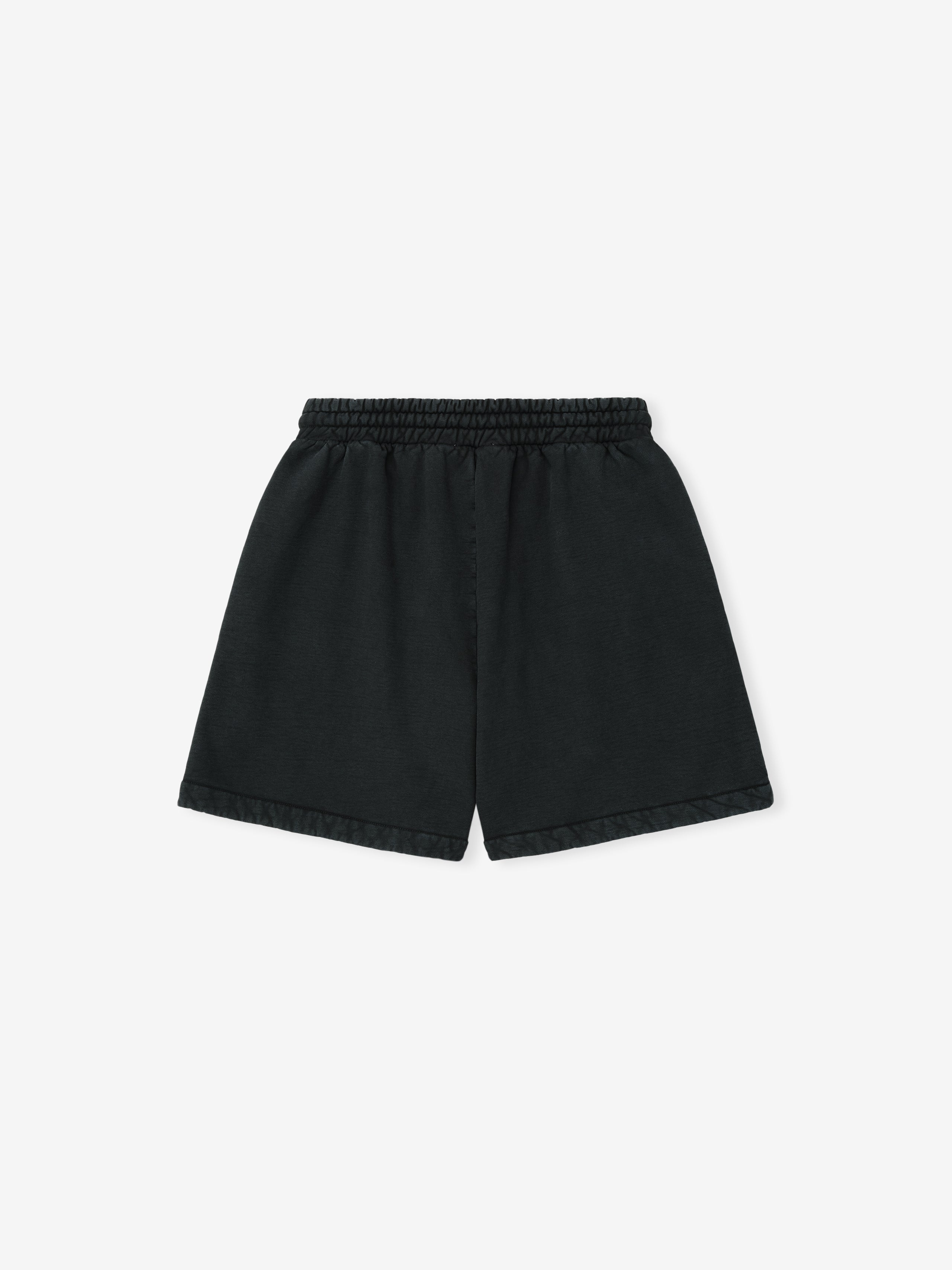 black garment-dyed heavy cotton fleece sweatshorts with elastic waistband and drawstring closure