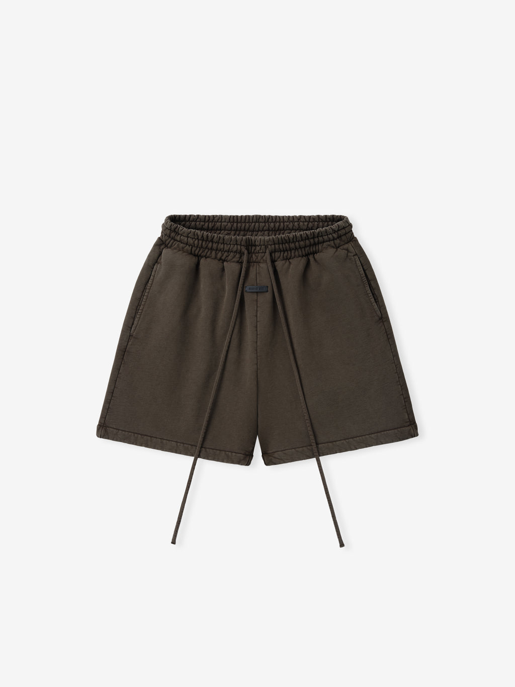 Dark brown casual shorts with elastic waistband and long drawstrings laid flat on a white background