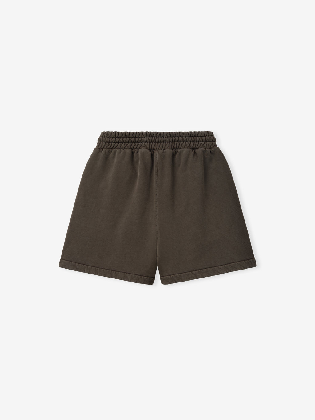 Back view of plain olive green shorts with an elastic waistband laid flat on a white background