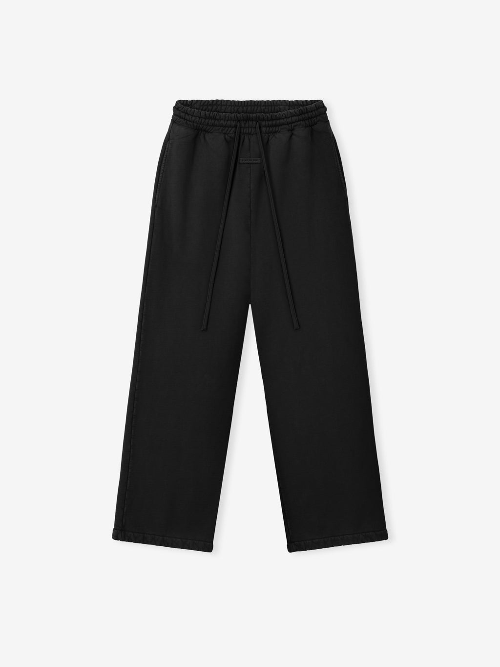 black wide leg sweatpant with elastic waistband and long drawstrings in heavyweight cotton fleece