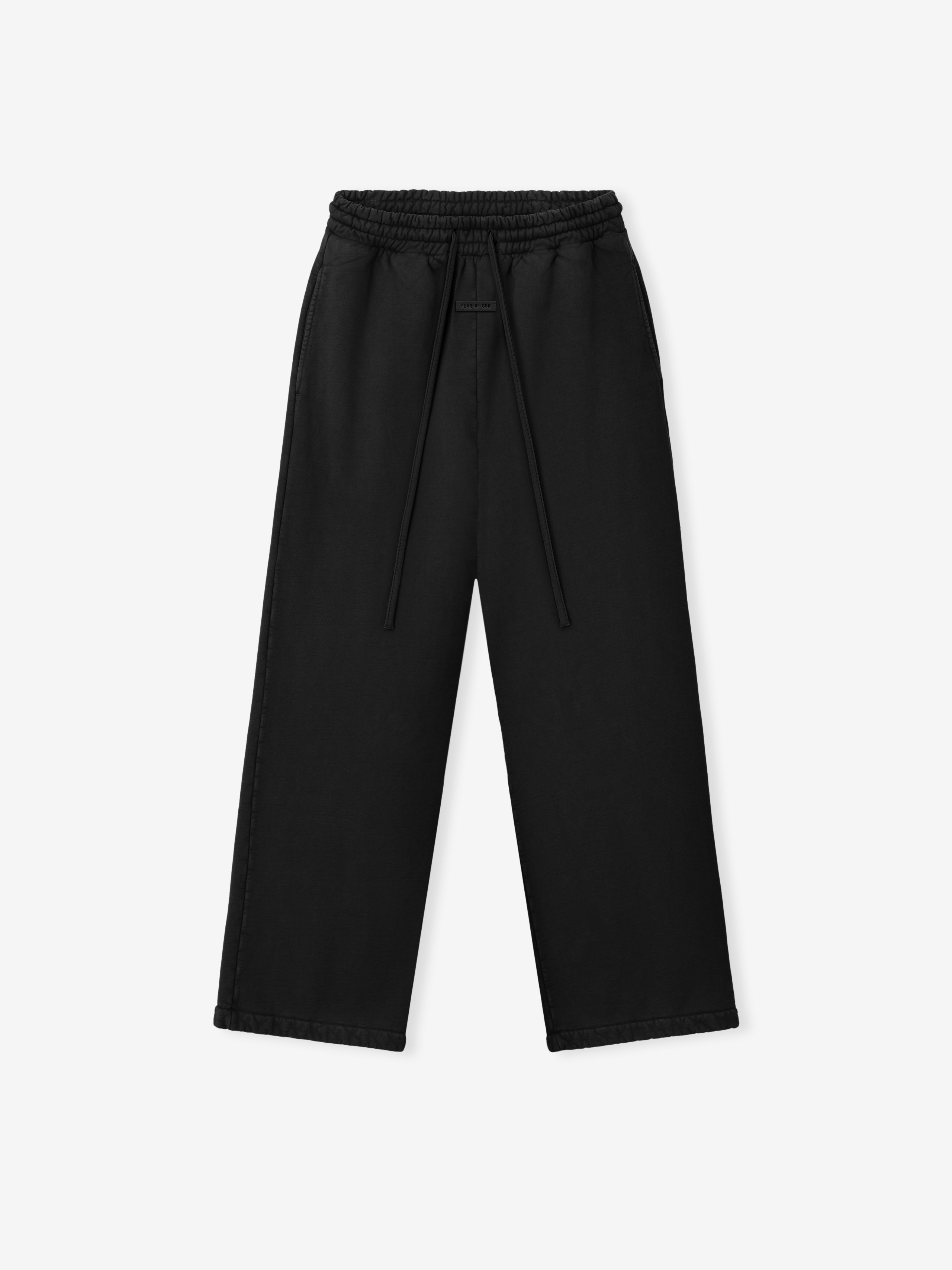black wide leg sweatpant with elastic waistband and long drawstrings in heavyweight cotton fleece