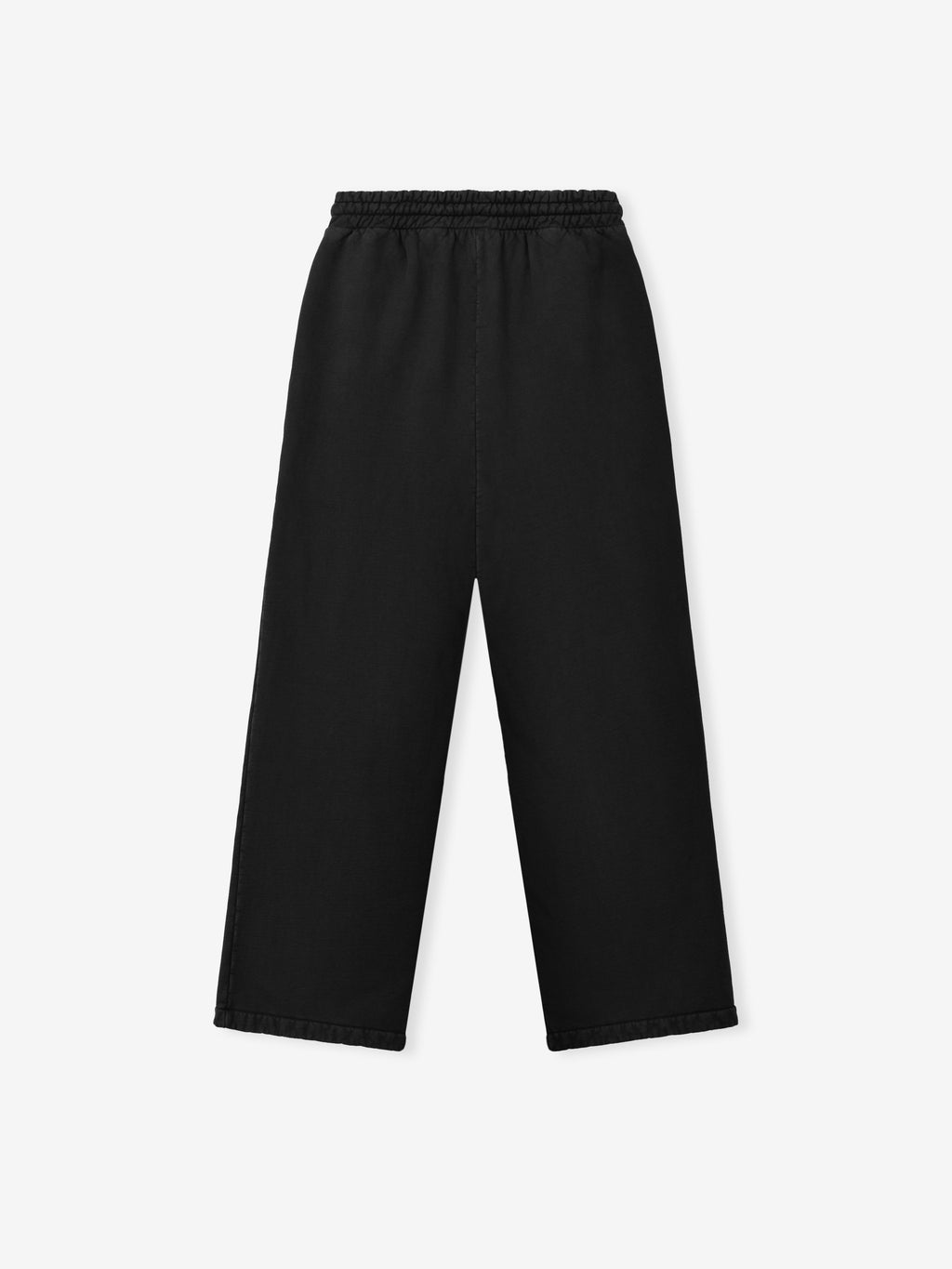 black wide leg sweatpants with elastic waistband crafted from heavyweight cotton fleece with sunfaded garment wash finish