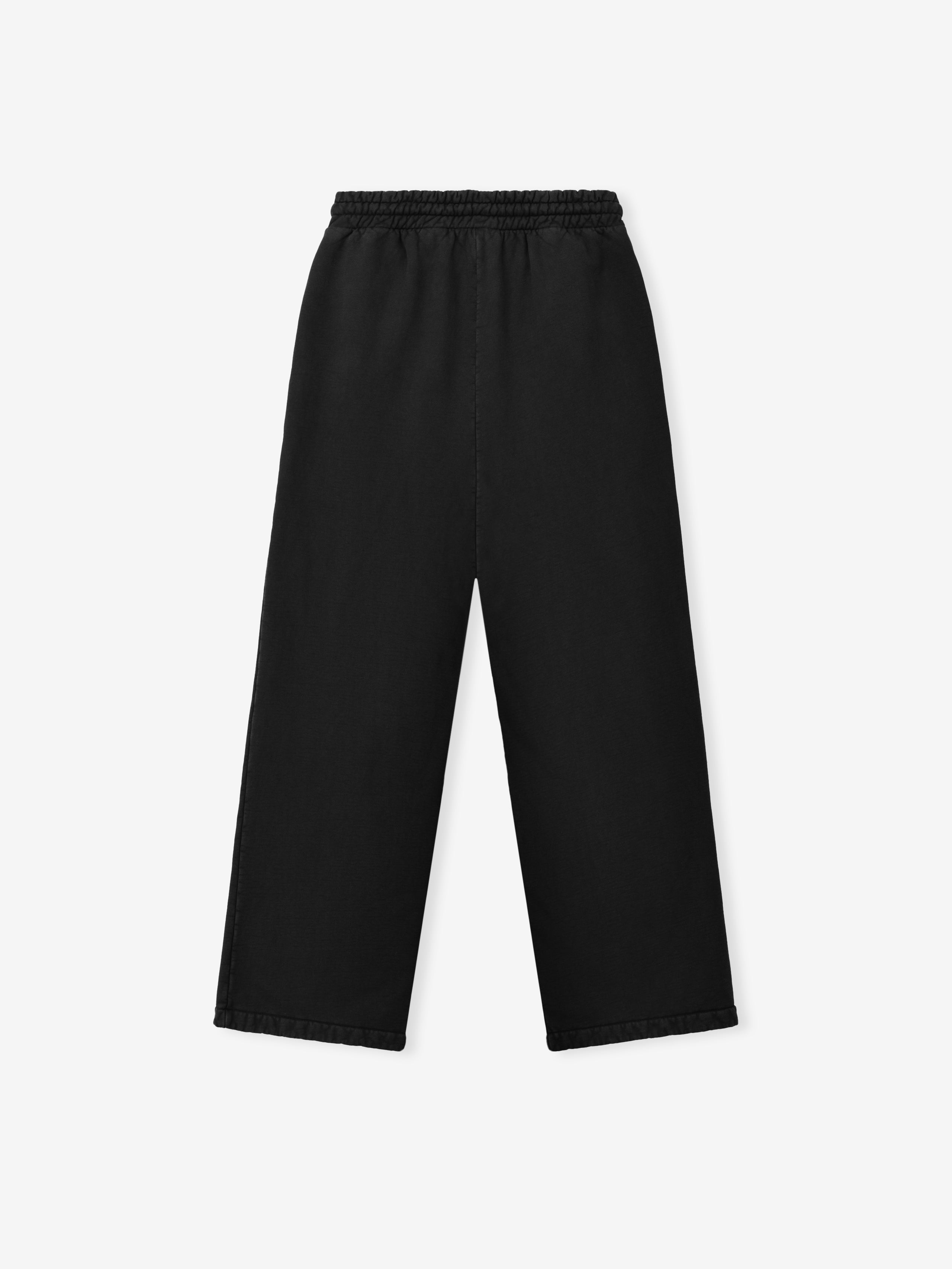 black wide leg sweatpants with elastic waistband crafted from heavyweight cotton fleece with sunfaded garment wash finish