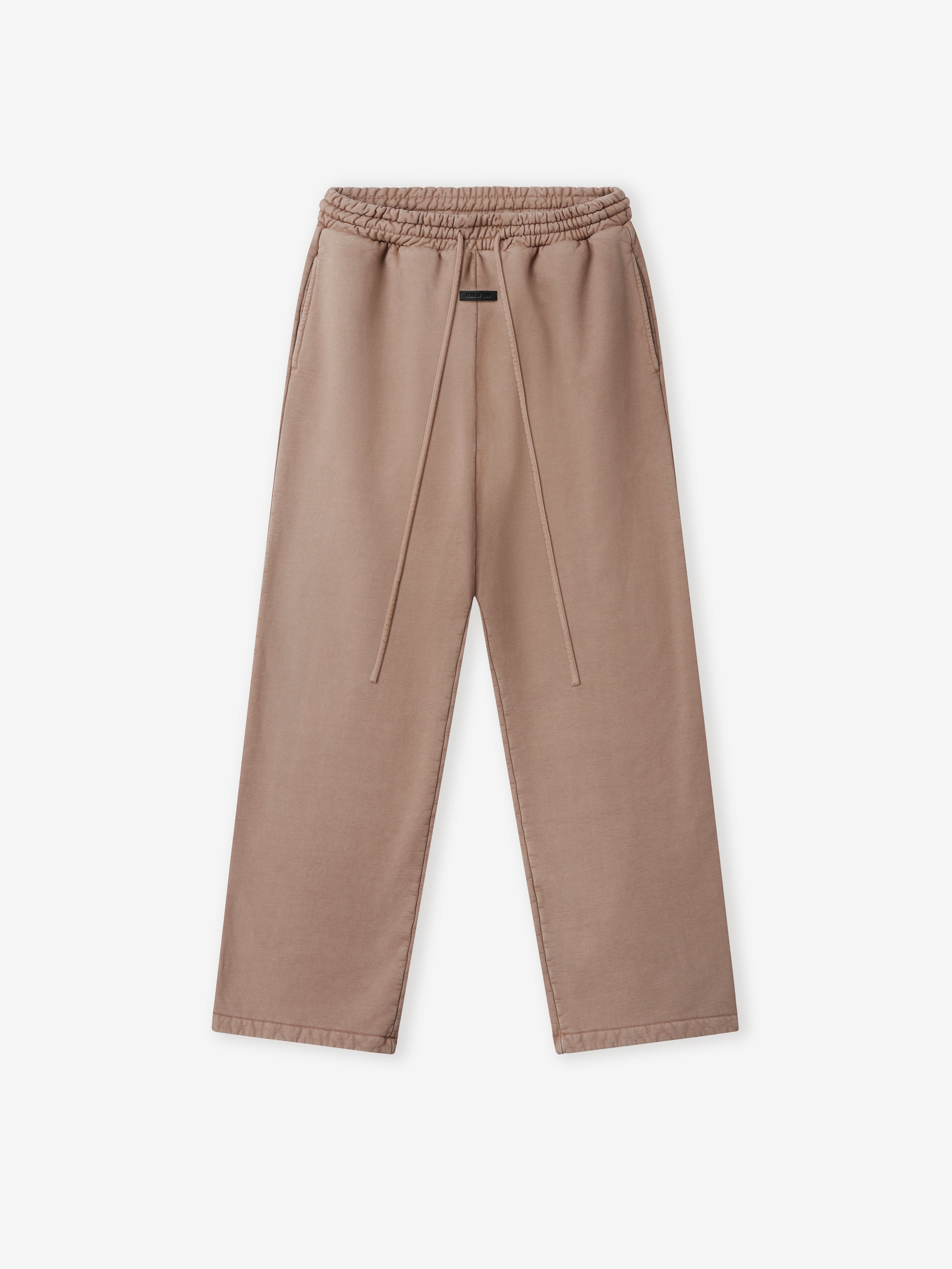 taupe wide leg sweatpant with elastic waistband and long drawstrings made from heavyweight cotton fleece