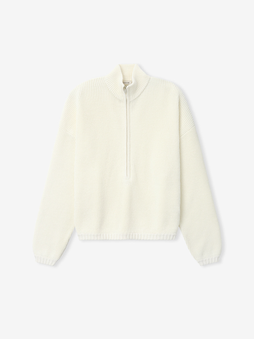 off-white half-zip sweater in double-knit linen-wool-cotton blend with mesh stitch and ribbed cuffs
